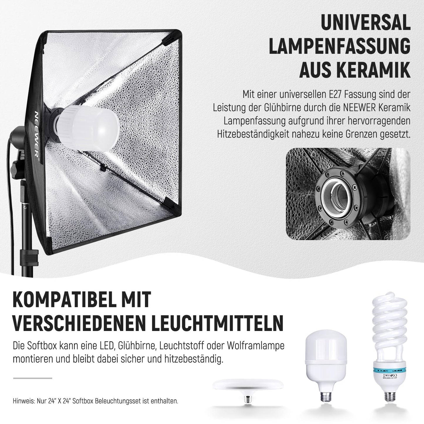 NEEWER 350 W Equivalent Softbox Lighting Set, 5700 K LED Light Bulb, 24 x 24 Inch Photo Studio Soft Box with E27 Socket, Photography Continuous Lighting Set, Photo Studio Equipment, NK300 - 10103989