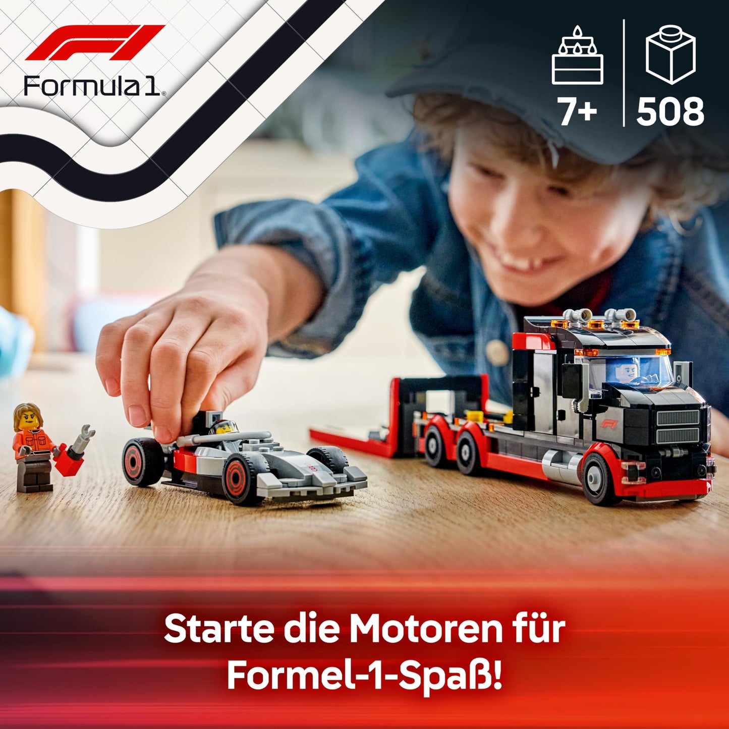 LEGO City F1 Truck with Audi F1 racing car - toy model building with 3 minifigures and vehicle lifting function - gift idea for boys aged 7 and up and motorsport fans - 60493