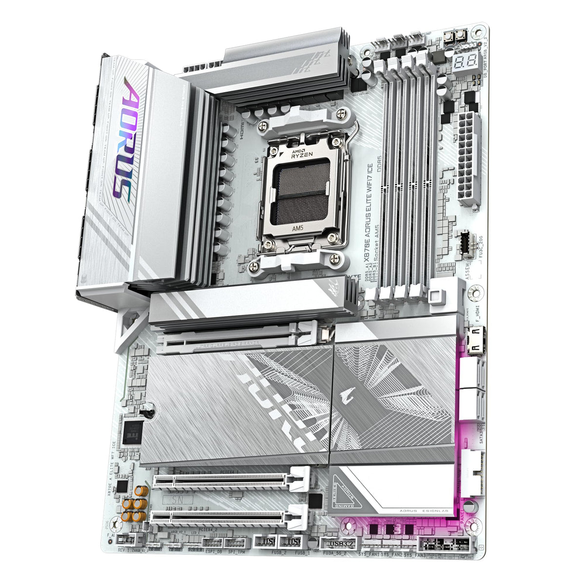 GIGABYTE X870E AORUS Elite WIFI7 Ice Mainboard – Supports AMD Ryzen 9000 processors, digital 16+2+2 phase VRM, up to 8200 MHz DDR5 (O.C.), 3X PCIe 5.0 + 1x PCIe 4.0, Wi-Fi 7, 2.5 GbE LAN