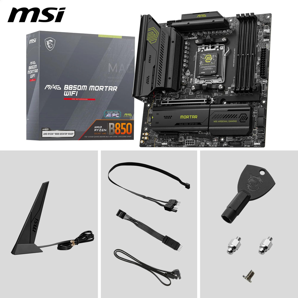 MSI MAG B850M Mortar WiFi Placă de bază, mATX - Suportă procesoare AMD Ryzen 9000/8000 / 7000, AM5-60A SPS VRM, DDR5 Memory Boost 8200+ MT/s (OC), PCIe 5.0 x16, M.2 Gen5, Wi-Fi 7, 5G LAN - 7E61-001R