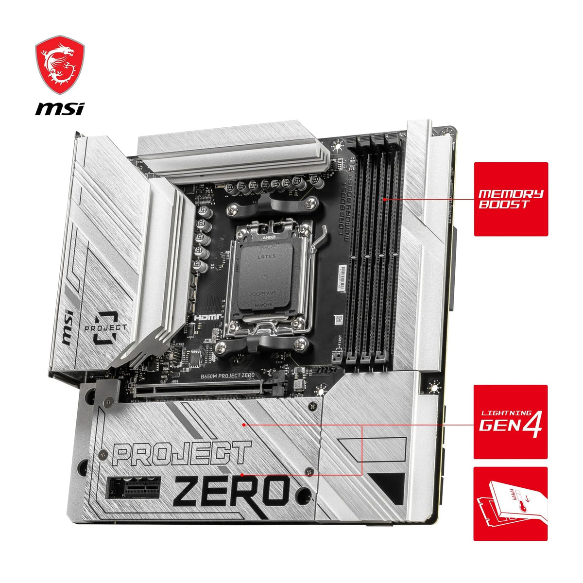 Placa de bază MSI B650M Project Zero, Micro-ATX Back-Connect - Suportă procesoare din seria Ryzen 9000, 8000 și 7000, AM5 - Memorie DDR5 Boost 6400+MHz/OC, 1 x PCIe 4.0 x16, 2 x M.2 Gen4, Wi-Fi 6E - 7E09-003R