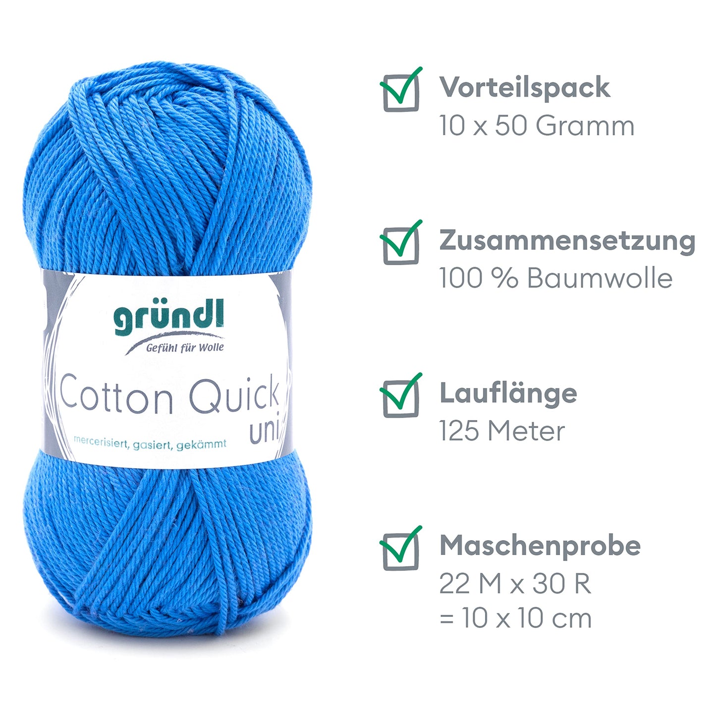 Gründl Wolle Cotton Quick uni - thin wool for crocheting - knitting yarn - crochet yarn - shiny and skin-friendly - 100% cotton - 10 balls 50 g / 125 m - needle size 3-4 - medium blue - 865-126