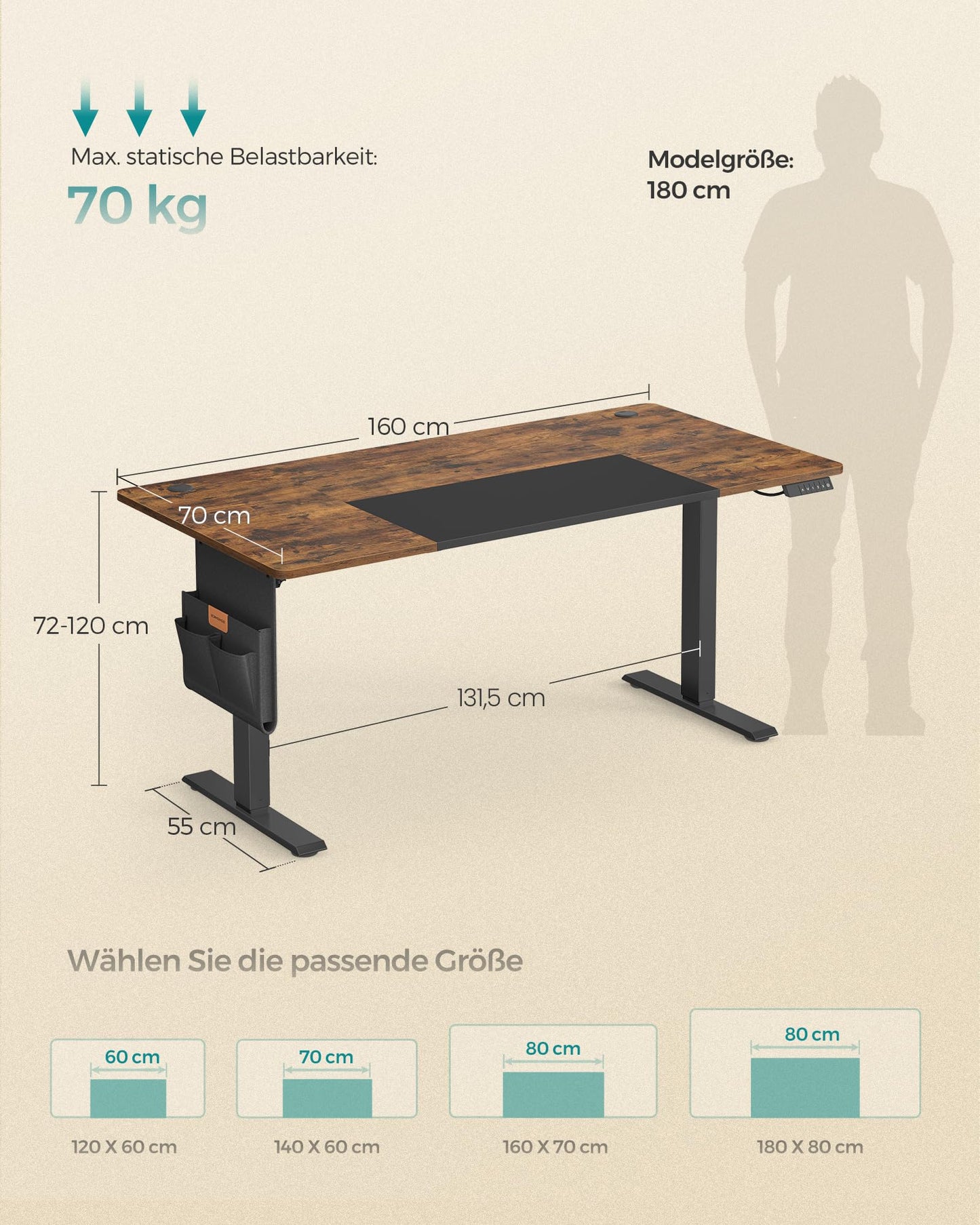SONGMICS Electric height-adjustable desk, 160 x 70 cm, infinitely adjustable, memory function with 4 heights, vintage brown-matt black LSD026X01
