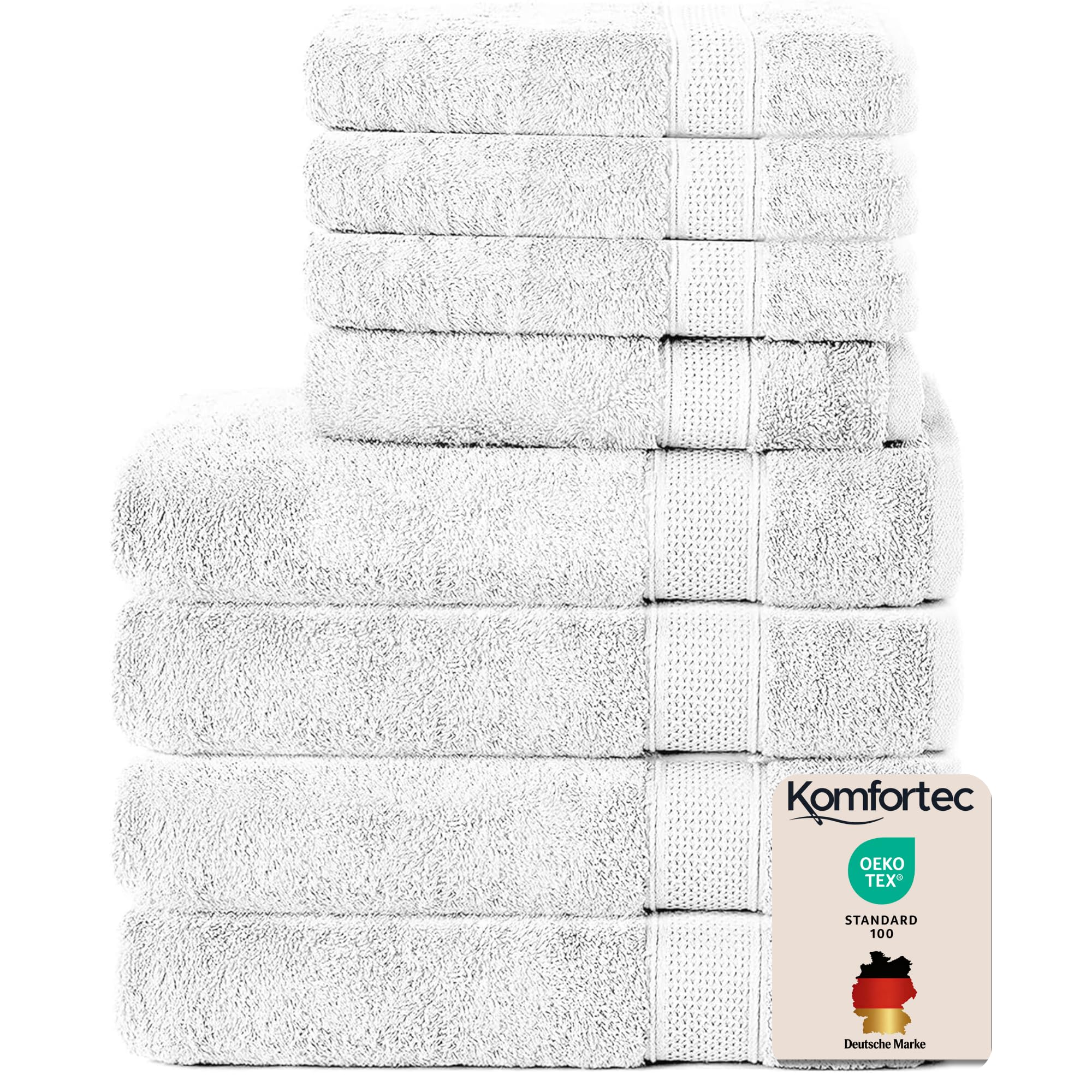 Set 8 prosoape Komfortec, 4 prosoape de baie 70x140 cm și 4 prosoape de mâini 50x100 cm, frotir 100% bumbac, pufoase și absorbante, albe - 4er-50x100-und-4er-70x140-weiß-amz