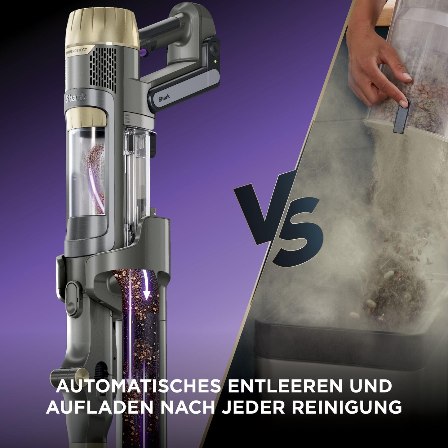 Shark PowerDetect Clean & Empty cordless vacuum cleaner with suction station, up to 70 minutes running time, wireless, self-draining, for animal hair, allergy sufferers, carpets and hard floors, with LED light, gold, IP3253EUT