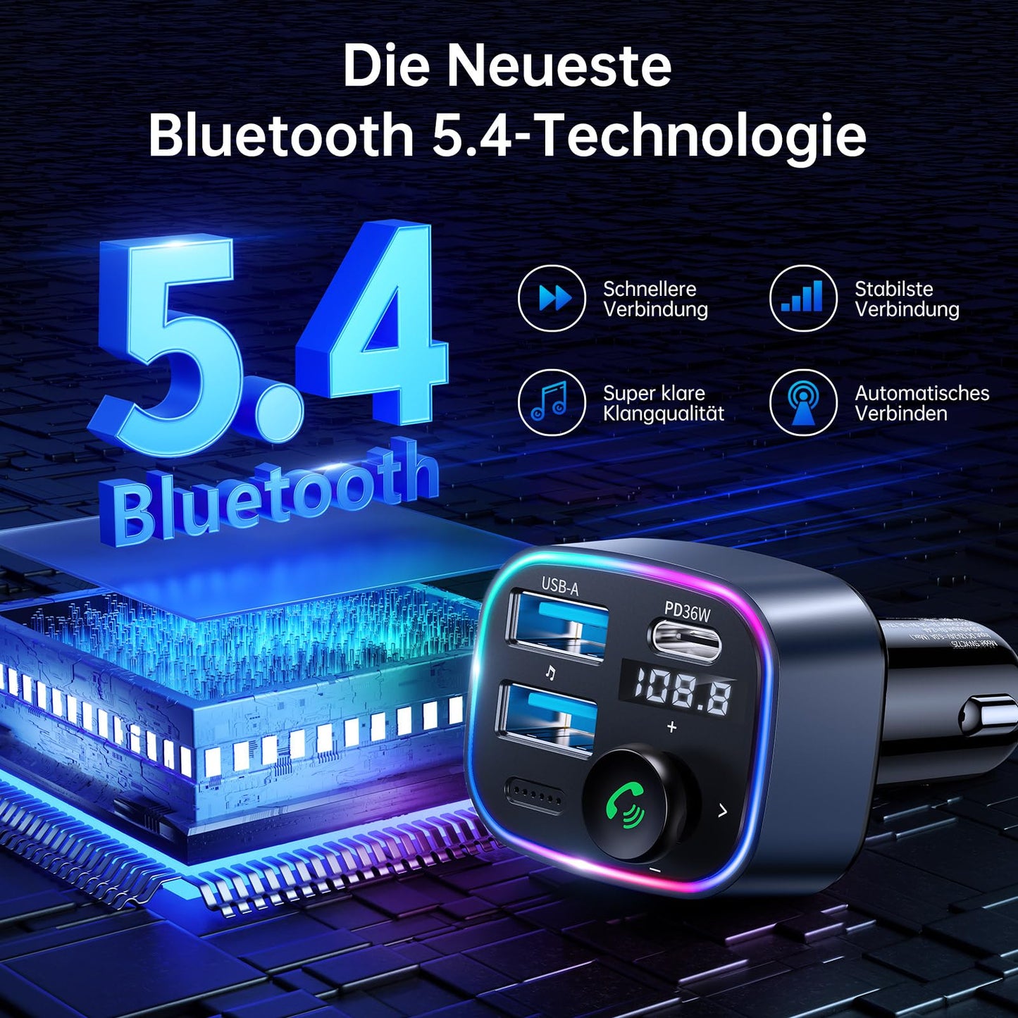 Syncwire FM Transmitter Car Bluetooth 5.4 48W (PD 36W & 12W) Bluetooth Adapter Car with [Light Switch] [HiFi Bass Sound] [Fast Charging] Hands-Free Car Charger Cigarette Lighter - SW-XC727
