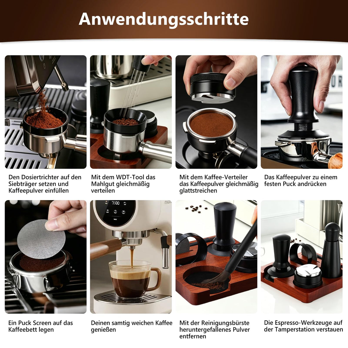 NPOIAUG Espresso Accessory Set 7-piece – WDT Tool, Tamper, Distributor, Dosing Ring & Tamper Station | Barista Set made of stainless steel for espresso machines | Step-by-step accessories for café (51mm) - ZQ-KFYF
