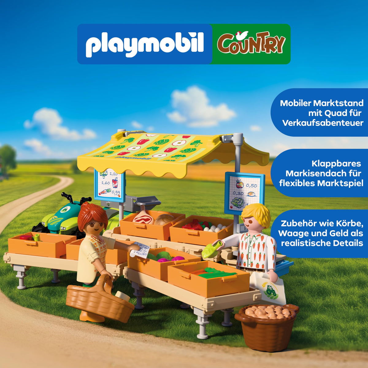 PLAYMOBIL | Country | Market Stall | Mobile sales stand with quad, fresh products & many accessories | For children aged 4 and up | 72164
