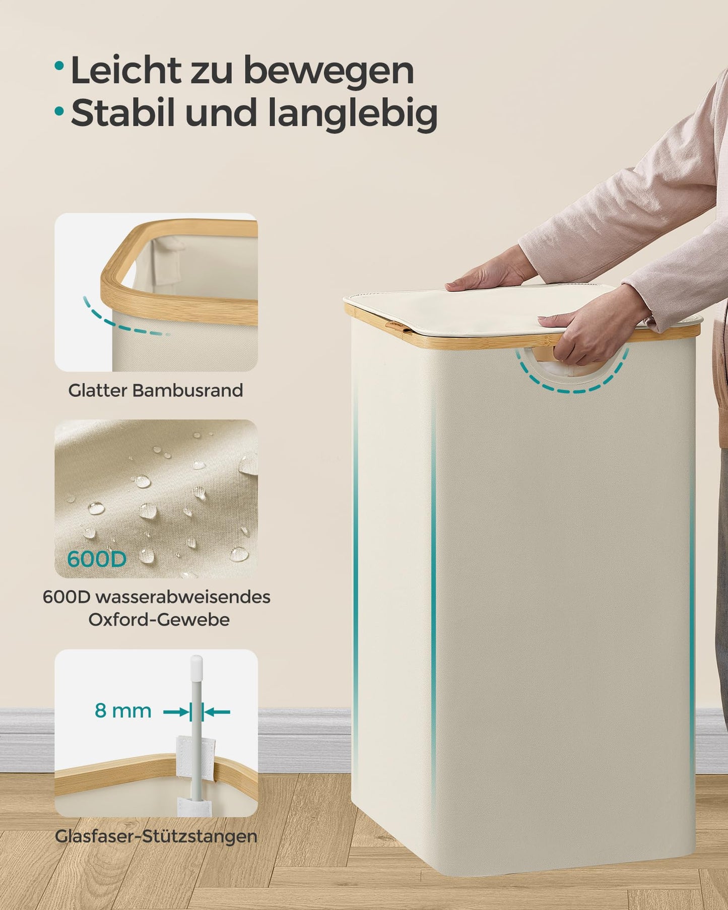 SONGMICS Laundry Basket with Lid, Laundry Hamper with 2 Compartments, 130L, Removable Laundry Bag, Oxford Fabric, Bamboo Handles, Foldable, 52 x 38.5 x 70.5 cm, Cream White LCB513W01 - LCB513W01V1
