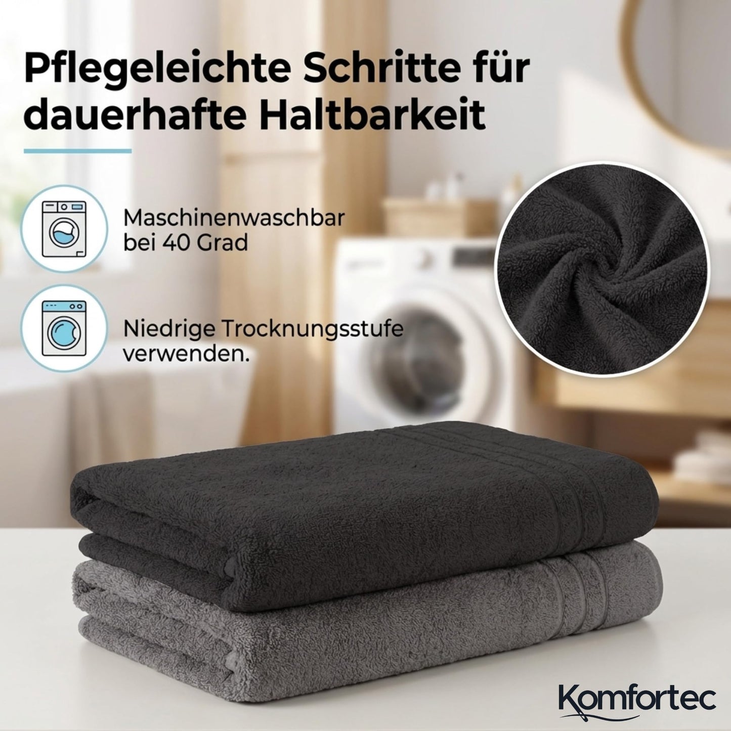 Komfortec 2 sauna towel set 80x200 cm, large sauna towels made of 100% cotton, sauna towels, fluffy and absorbent, quick-drying, anthracite grey/black - 2er-80x200-anthrazit-schwarz