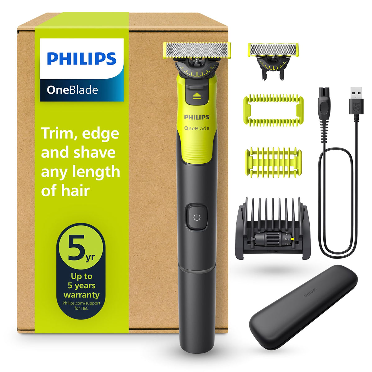 Philips OneBlade 360 Face & Body with App Connectivity - Electric beard trimmer, shaver, and body groomer with 360 technology, adjustable 5-in-1 trimming attachment, 1x body kit, travel case, QP4631/65