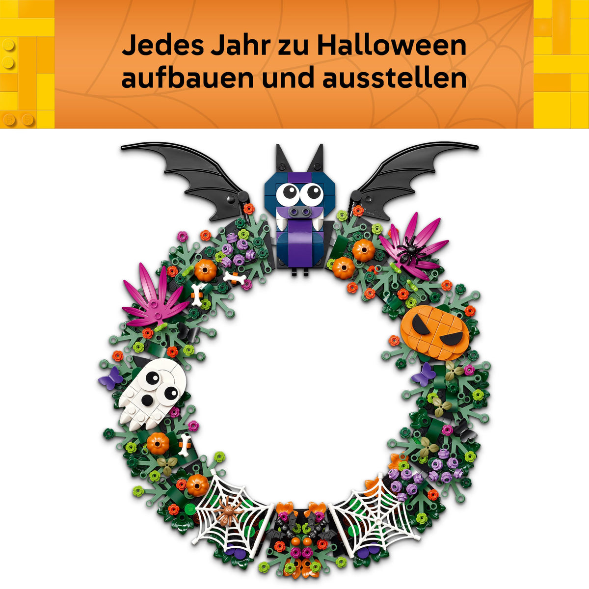 LEGO Halloween wreath model kit - with bats, ghosts and spider web - wall decoration - Halloween building toy gift for girls, boys and teenagers aged 12 and over - 40825