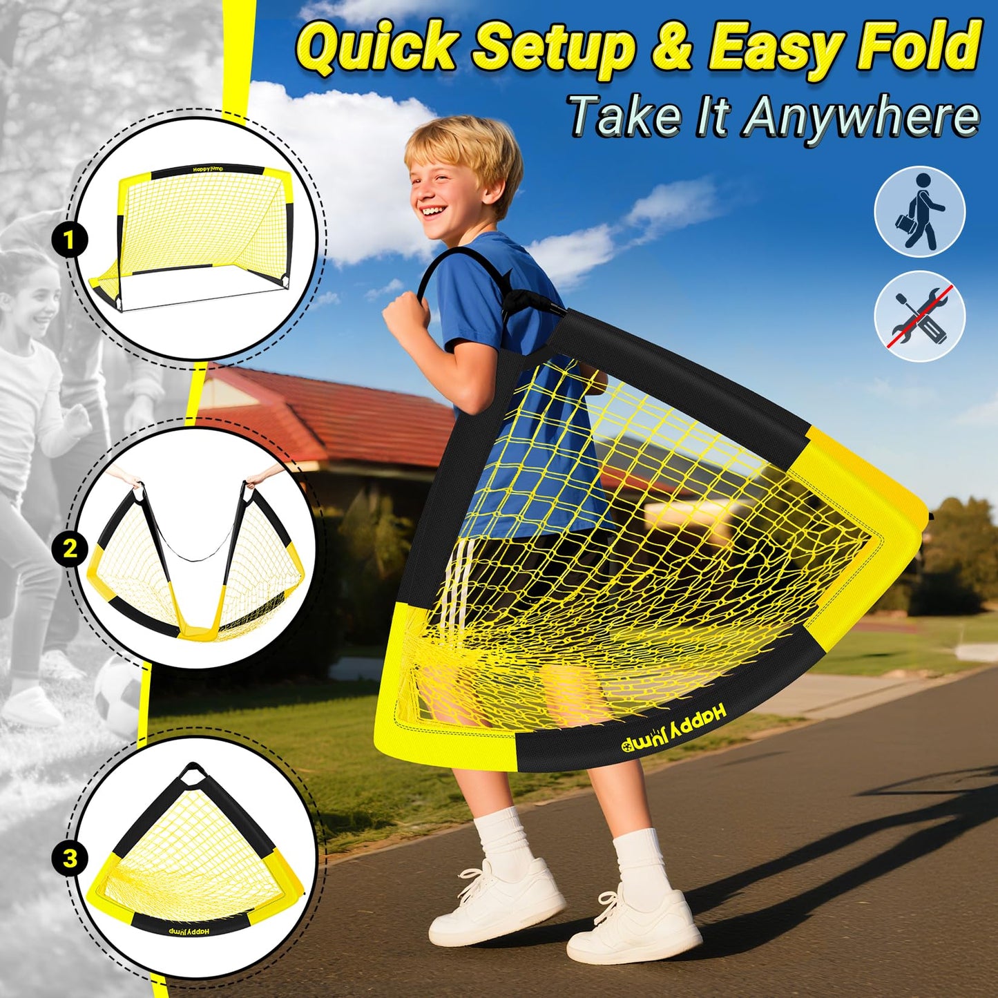 Happy Jump Pop-Up Football Goals - 152x110 cm, 2 goals, black yellow with ball, pump, cone & target | Complete training set for garden & family - Z2500800BQ1
