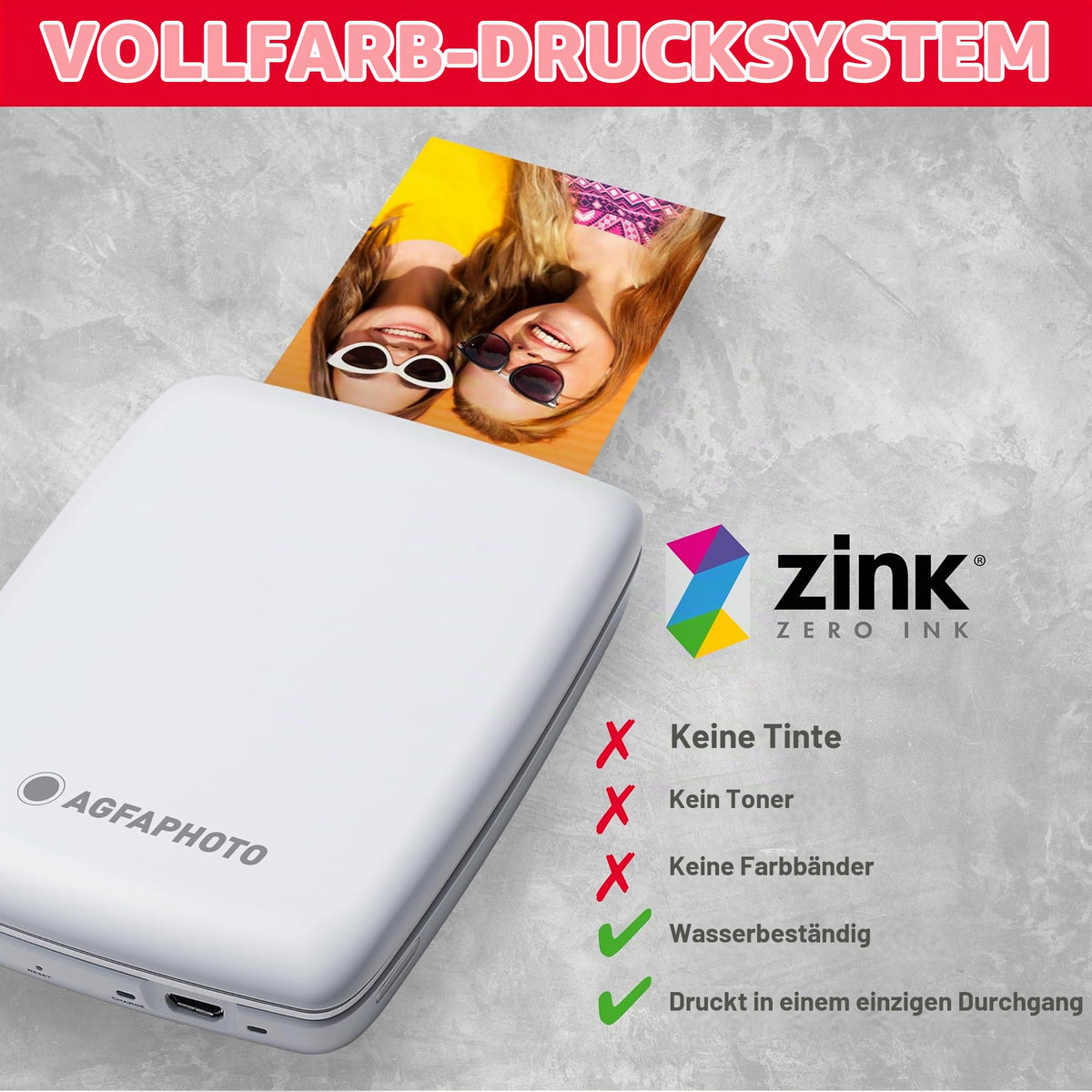 AGFA PHOTO Mini P.2 - Imprimantă Portabilă Zink pentru Fotografii Instantanee, Format 5x7,6 cm, Conexiune Bluetooth, Compatibilă iOS/Android, 10 Foi Zink Incluse - Alb - IMPRIMANTE