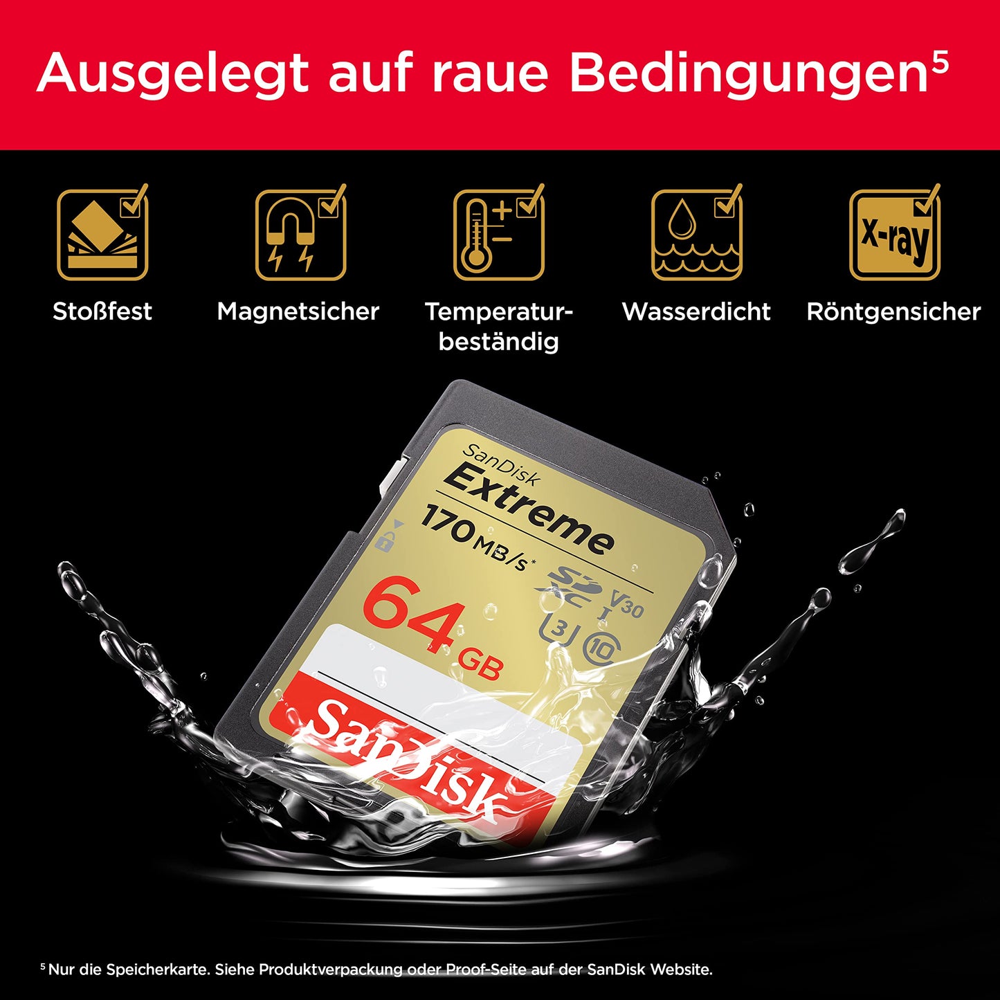SanDisk Extreme SDXC UHS-I Memory Card 64GB (V30, 170MB/s Transfer, U3, 4K UHD Videos, SanDisk QuickFlow Technology, Waterproof, Shockproof, Temperature Resistant) - SDSDXV2-064G-GNCIN