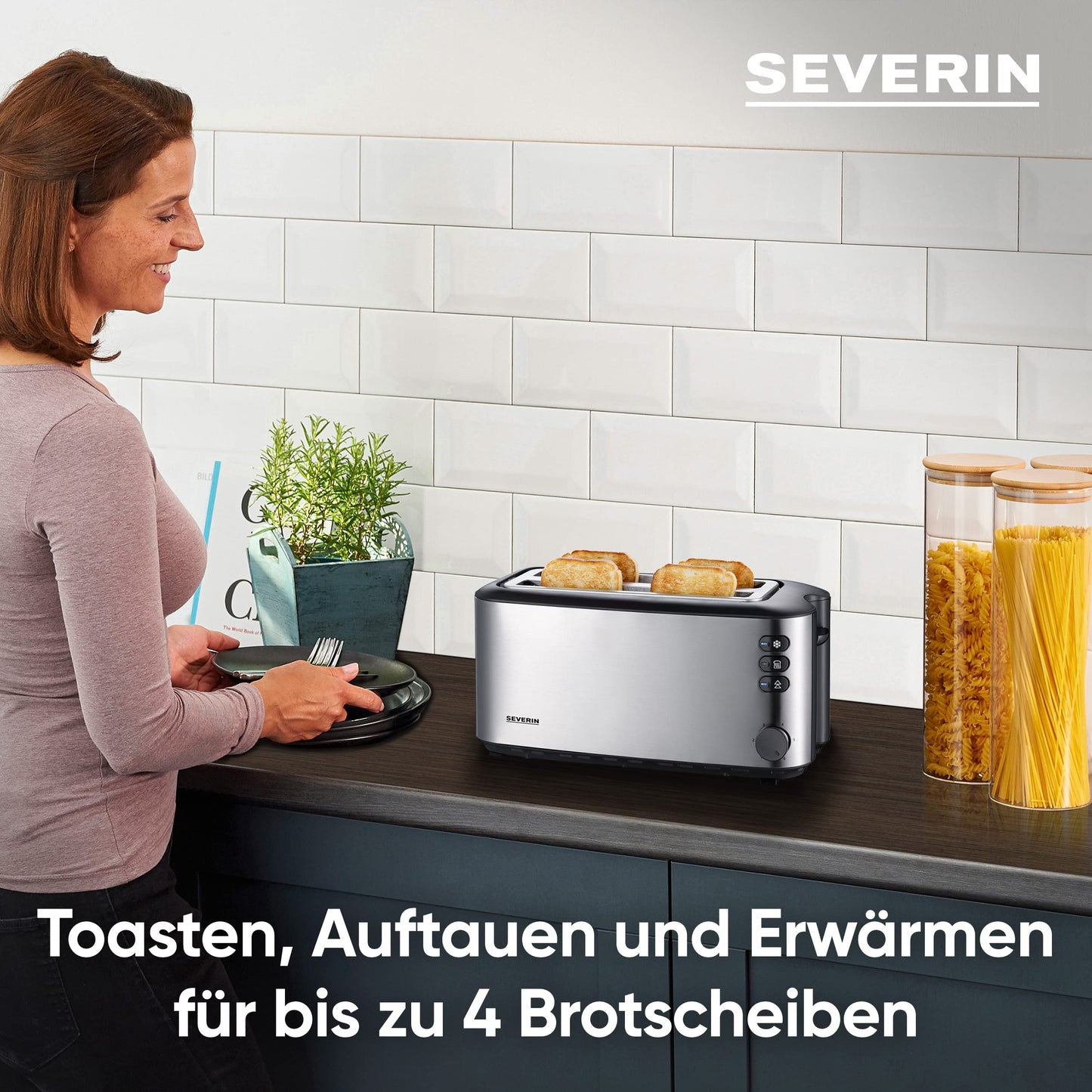 Severin double long slot toaster with built-in bread roll attachment, for 4 slices of bread, bread slice centering, warm-up and defroster level, brushed stainless steel, black, 1,400 W, AT 2509