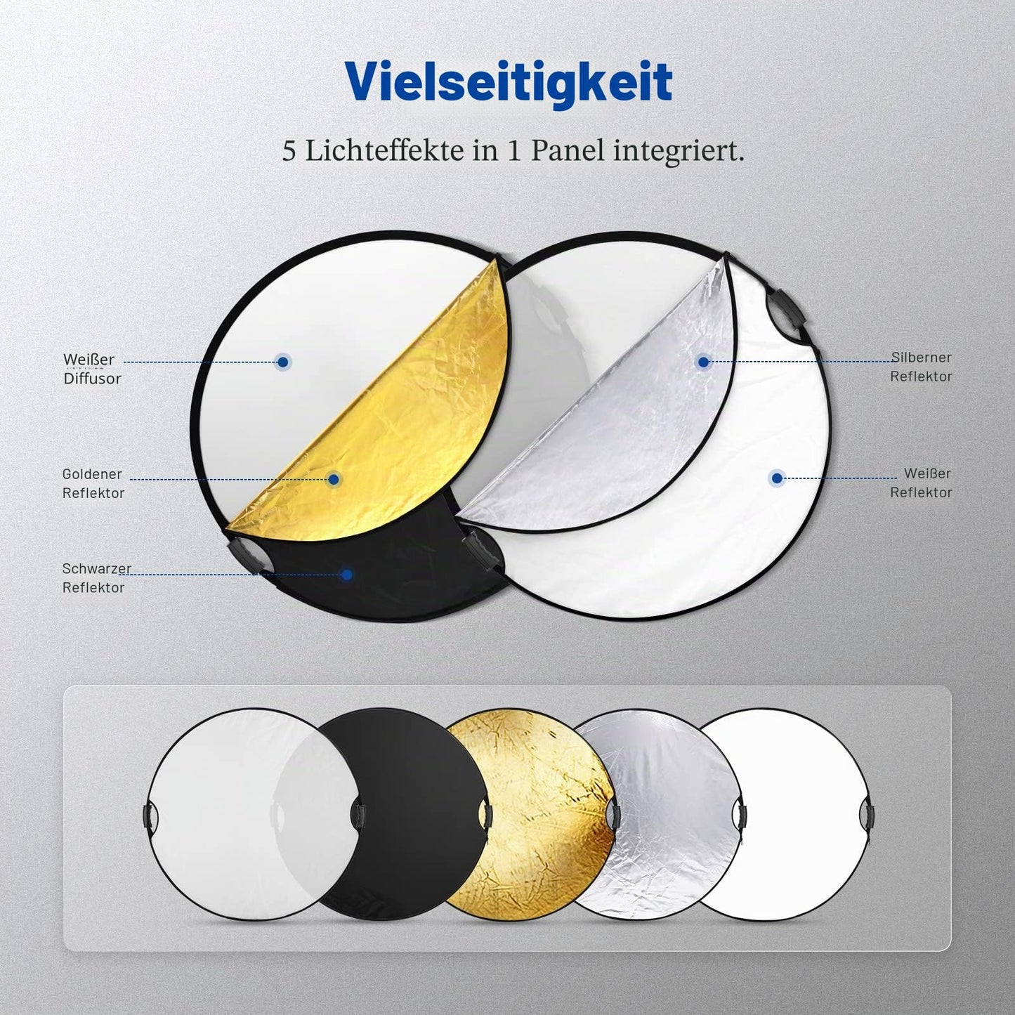 NEEWER 110cm Light Reflector with 3/8" Thread Handle, 5-in-1 Foldable Disc Light Diffuser, Translucent/Silver/Gold/White/Black for Photography Lighting, Outdoor Lighting, RF-110II
