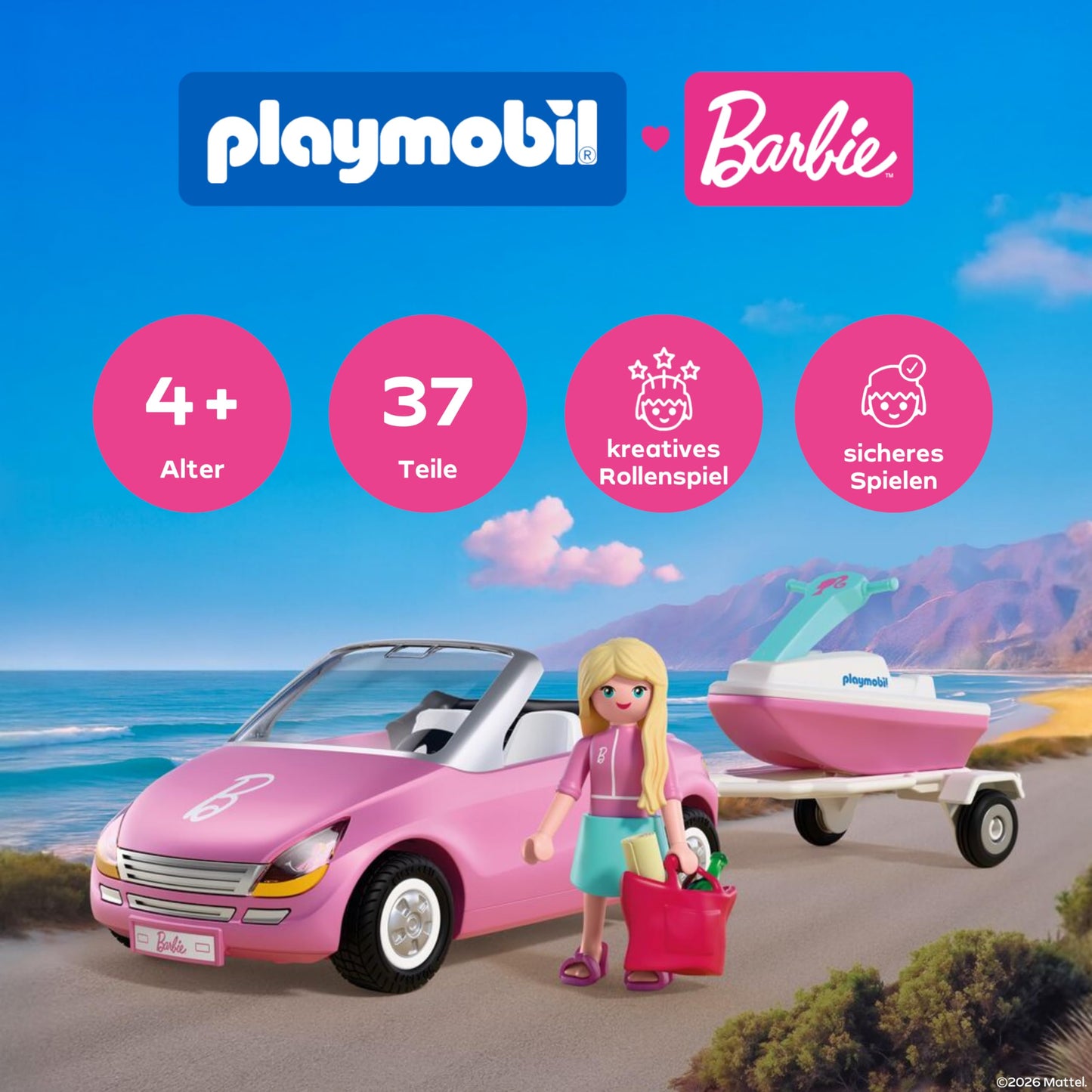 PLAYMOBIL Barbie Convertible | Convertible with trailer & jet ski | Summer Adventures with Barbie on the Malibu Coast | Vehicle & water fun | Creative playset for children aged 4 and over | 72123