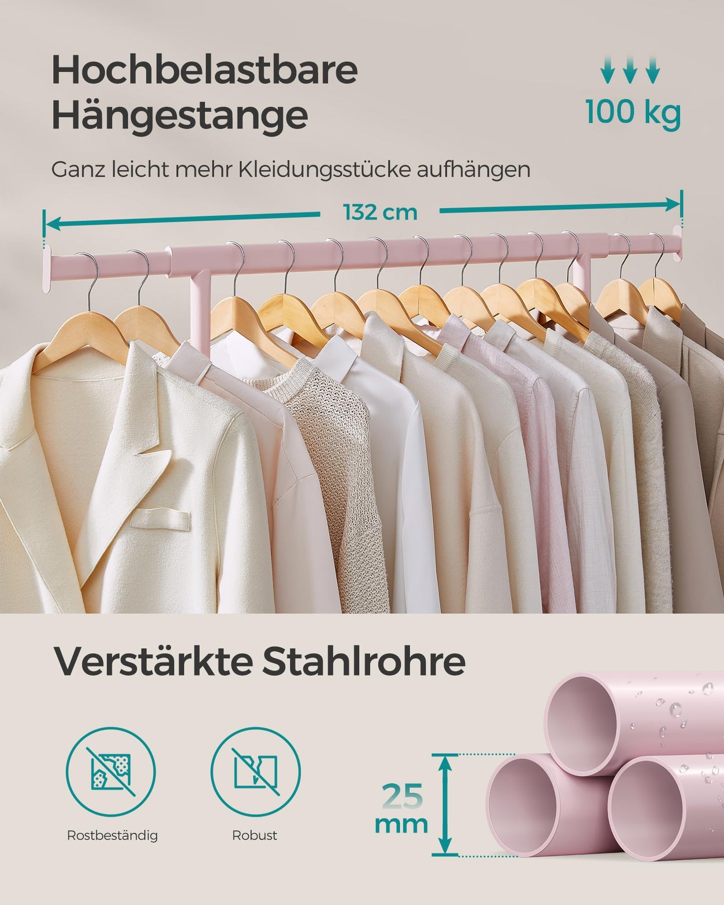 SONGMICS Clothes Rack on Wheels, Heavy Duty Coat Rack, Extendable Clothes Rail, Holds up to 100kg, Easy Assembly, Portable, Pastel Pink HSR013R01 - UHSR013G01
