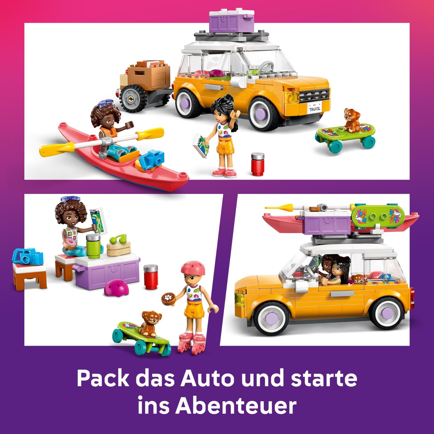 LEGO Friends adventure trip with friends - travel car with trailer - building set with 2 mini dolls, dog figure, kayak & fun accessories - skateboard & roller skates - toy for girls aged 6 and over - 42659