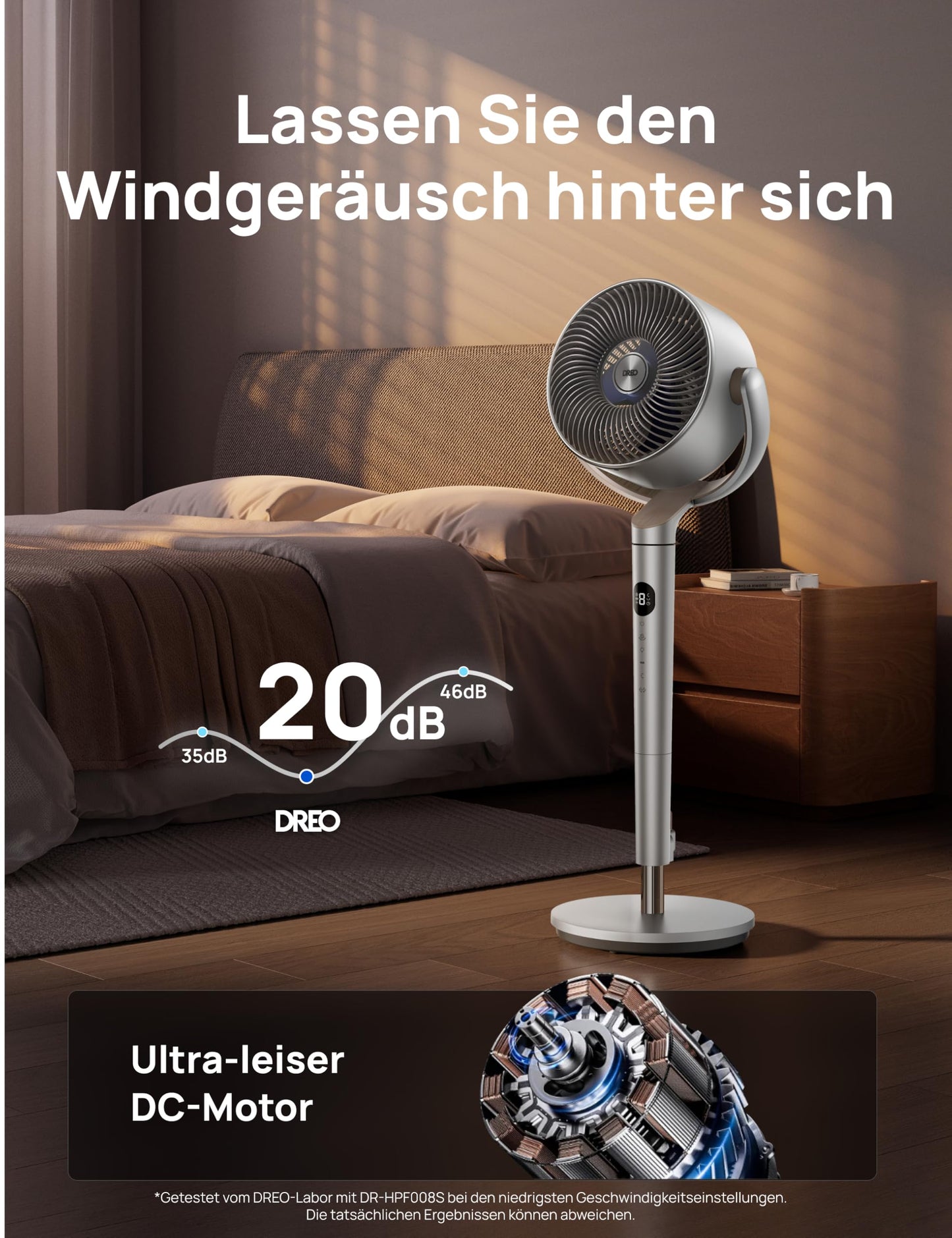 DREO Smart Floor Fan with RGB Light, 120°+120° Oscillation, Quiet 20 dB Floor Fan with Remote Control, 8H Timer, for Bedroom, Silver - DR-HPF008S