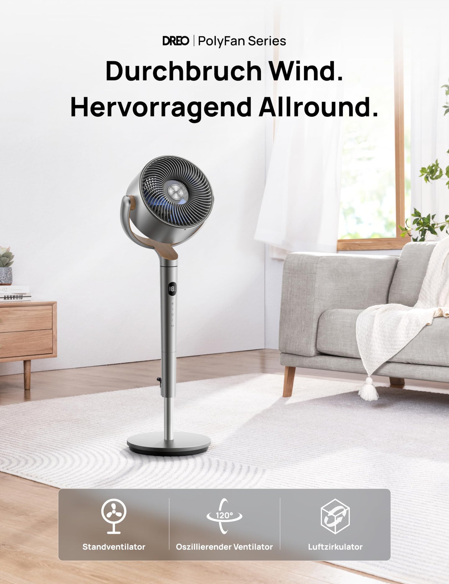 DREO Smart Pedestal Fan, 120°+120° Oscillating Fan with Wi-Fi/Voice Control, 20dB Quiet Floor Fan for Bedroom, Adjustable Height, 8 Speeds, 6 Modes, 12H Timer - DR-PF002S