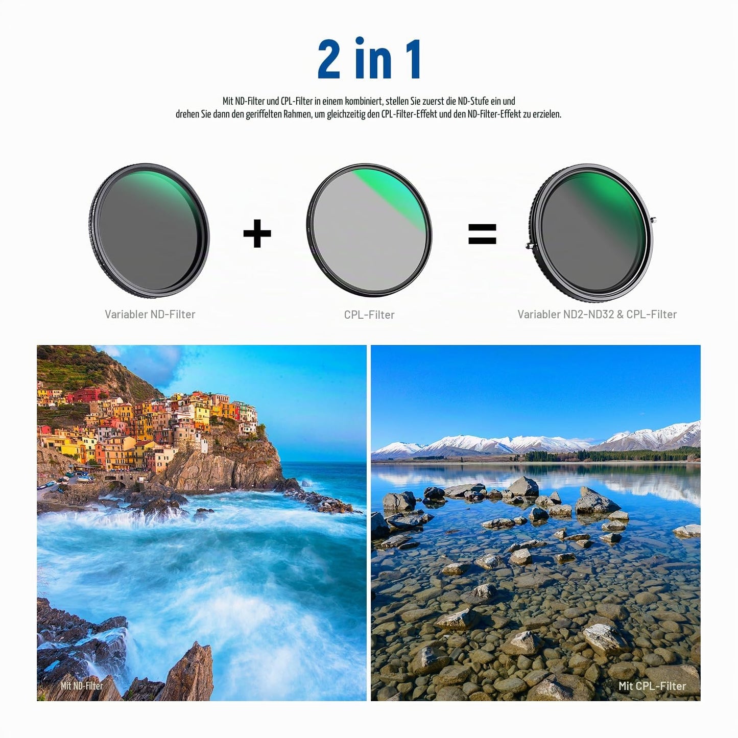 NEEWER 2-in-1 52mm Variable ND Filter ND2-ND32 & CPL Filter (Circular Polarizing Filter), No X-Cross/30 Layer Nano Coating/HD Optical Glass/Ultra Thin Frame - 10102085