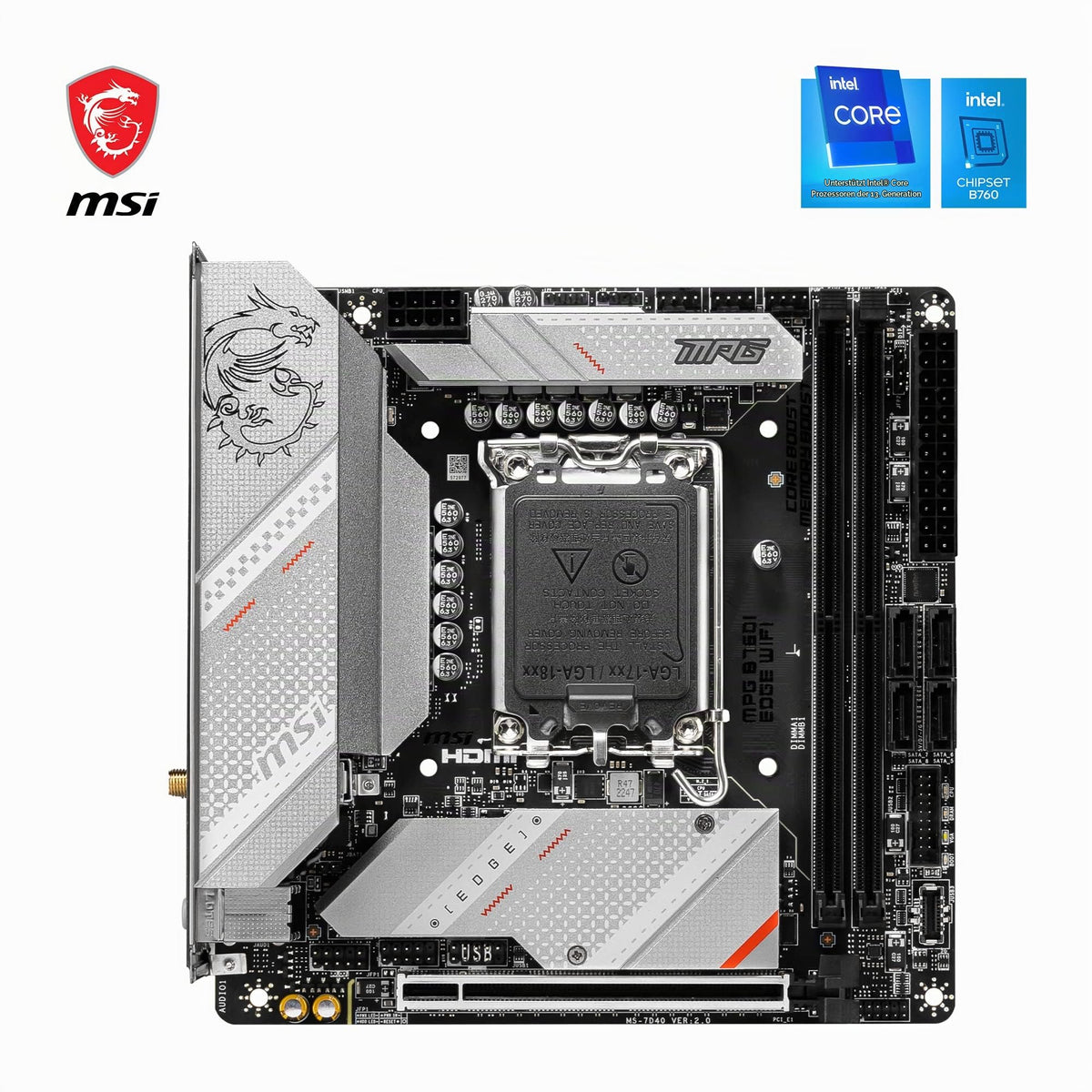 MSI MPG B760I Edge WiFi Placă de bază, Mini-ITX - Pentru procesoare Intel Core de generația a 12-a, a 13-a și a 14-a, LGA 1700-8 Direct 90A VRM, DDR5 Memory Boost 7200+MHz/OC, PCIe 5.0 x16, 2 x M.2 Gen4, Wi-Fi 6E - 7D40-005R