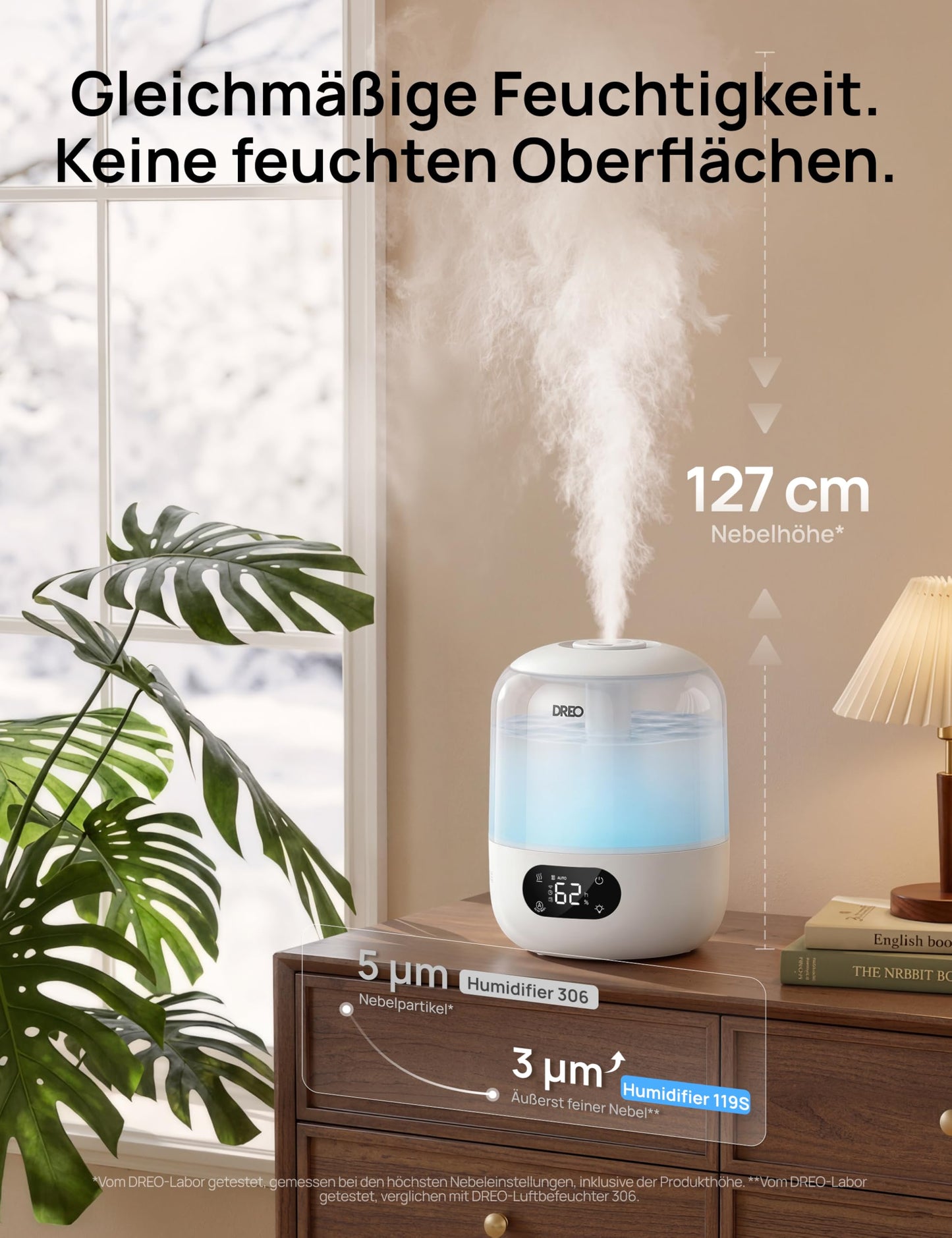 DREO humidifier bedroom, ultrasonic cold mist with WiFi/app control, humidity sensor, RGB ambient light, 3L water tank, easy cleaning, up to 30 hours running time - DR-HHM006S