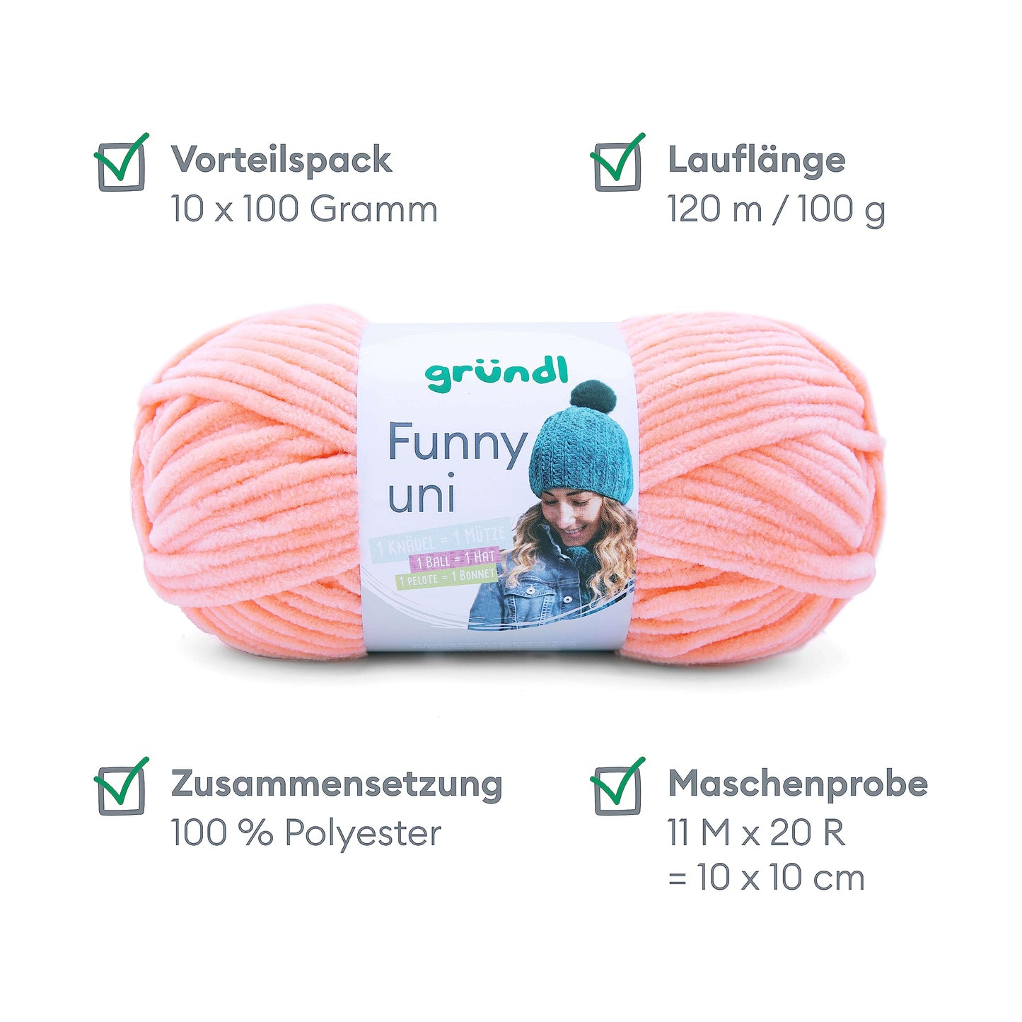 Gründl Wolle Funny uni - soft chenille wool for crocheting - cuddly and skin-friendly - 100% polyester - 10 balls 100 g / 120 m - needle size 5-6, apricot - 3442-28