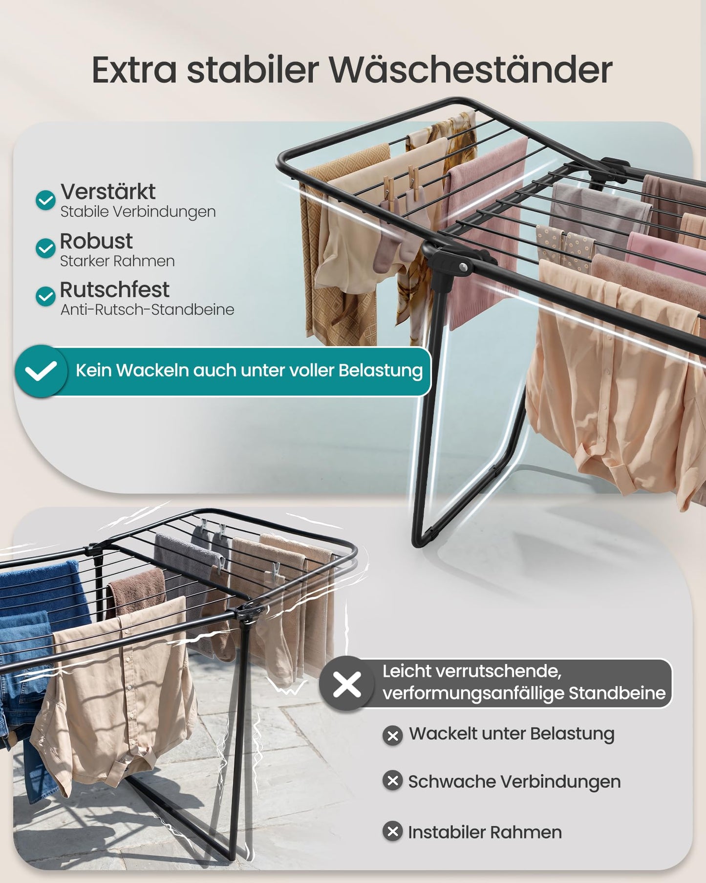 SONGMICS clothes airer, stand dryer 47 x 150 x 91 cm, wing clothes airer, wing clothes dryer, space-saving, metal, for clothes, towels, ink black LLR520BH01
