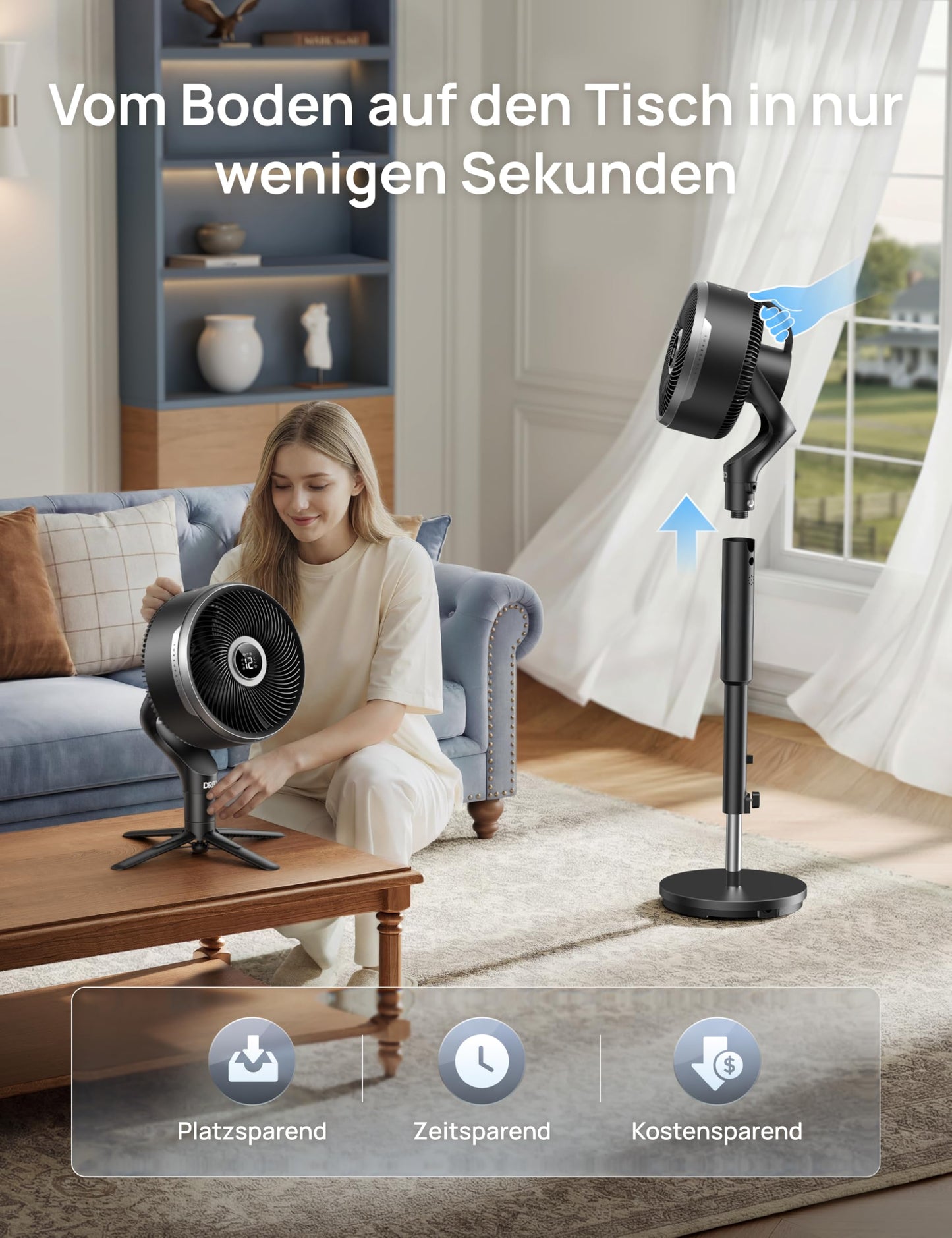 DREO Smart Bedroom Fan, Pedestal Fan, 150°+100° Omnidirectional Oscillation, 36.6m CirculAir Range, Quiet DC Motor, 12 Levels, 6 Modes, 20dB, Remote Control, 12h Timer. - DR-HPF015S