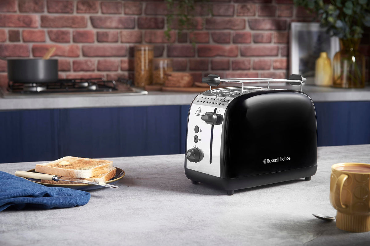 Russell Hobbs Toaster [for 2 slices] Colours Plus Stainless Steel Black (extra wide toast slots, includes bun warmer, 6 browning levels + defrost function, Lift & Look feature, 1600W) 26550-56