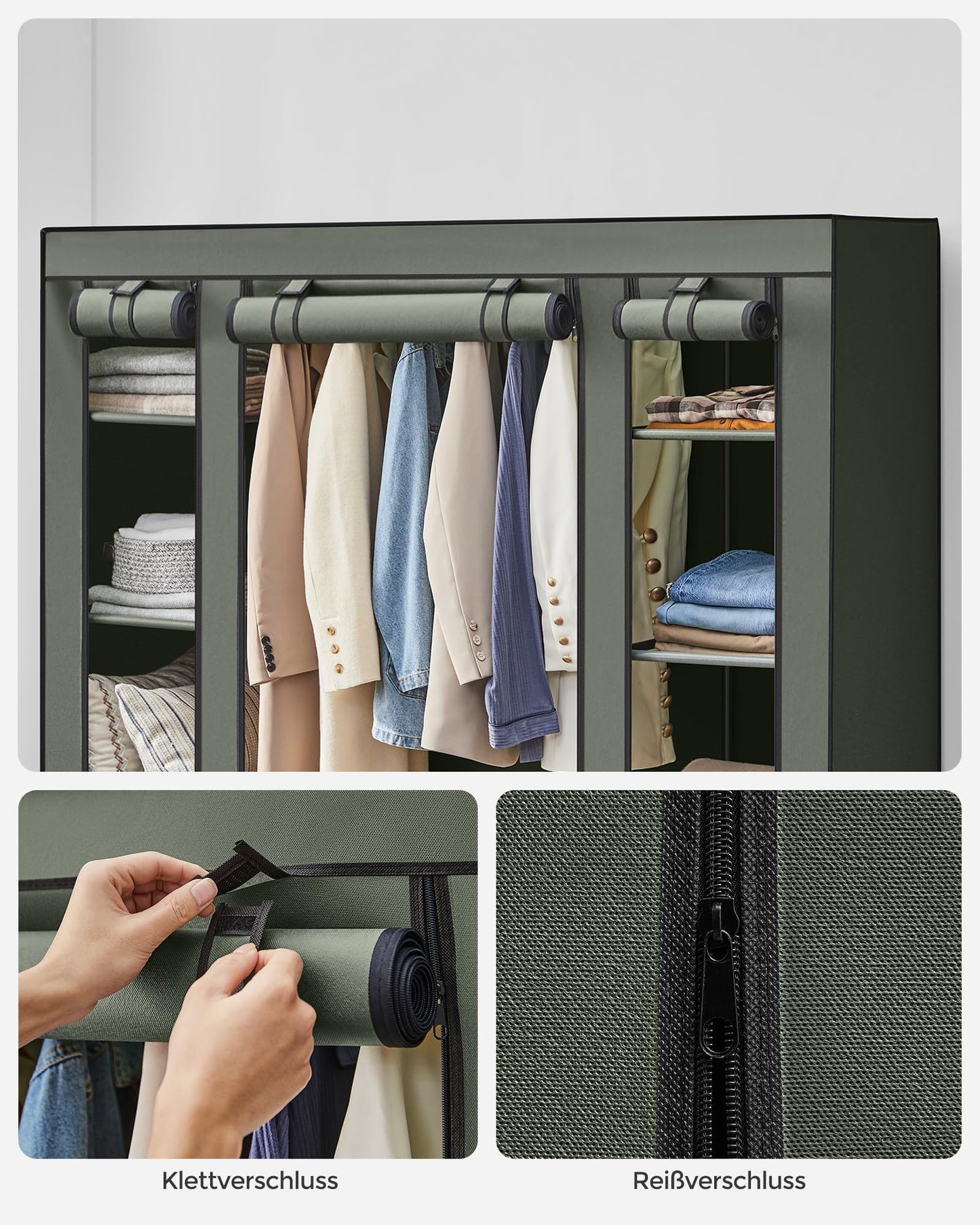 SONGMICS wardrobe, fabric wardrobe, with non-woven fabric cover, folding wardrobe with clothes rail, 45 x 150 x 175 cm, 12 shelves, metal frame, wardrobe for bedroom, sage green LSF003C02