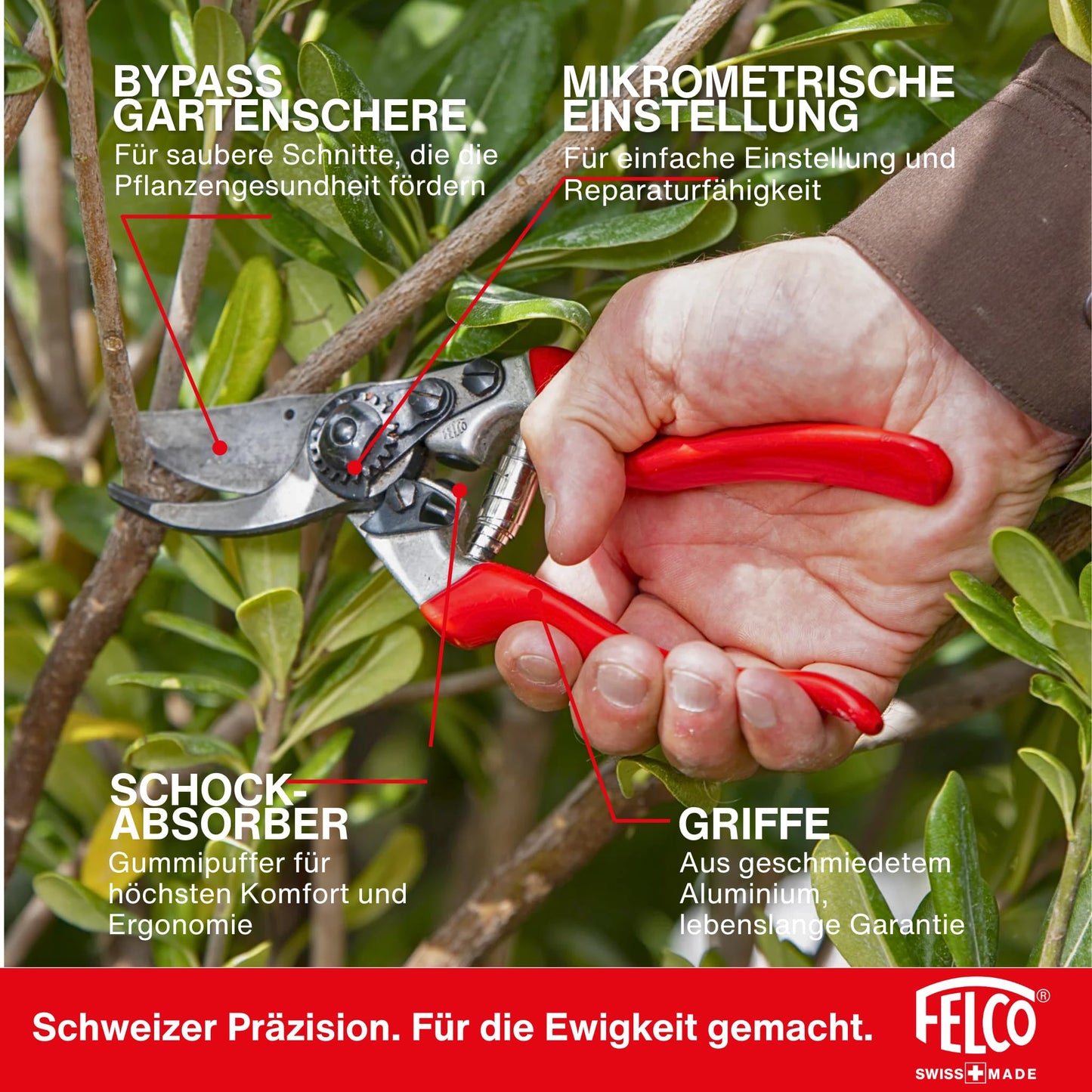 FELCO 8 right-handed bypass pruner, ergonomic for large hands, 52mm steel blade, 25mm cutting diameter, shock absorber, forged aluminum handles, angled cutting head, Swiss Made - 100052387