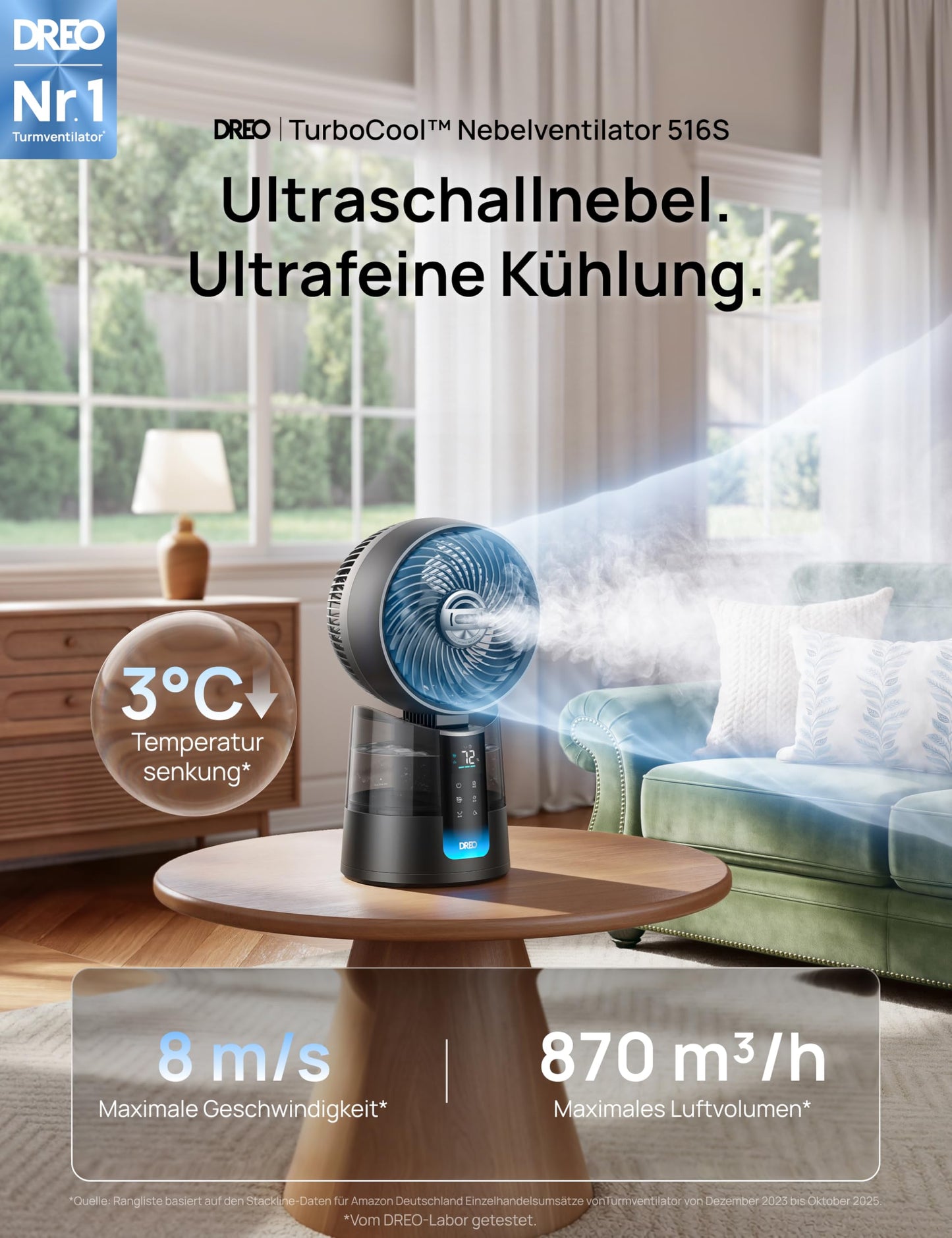DREO TurboCool Mist Fan 516S, table fan with 150°+30° oscillation, evaporative cooler, 7.9 m/s, ultra-fine mist, 20 dB quiet, 6 speeds, 2 modes, app & remote control, RGB, gray - DR-HEC006S