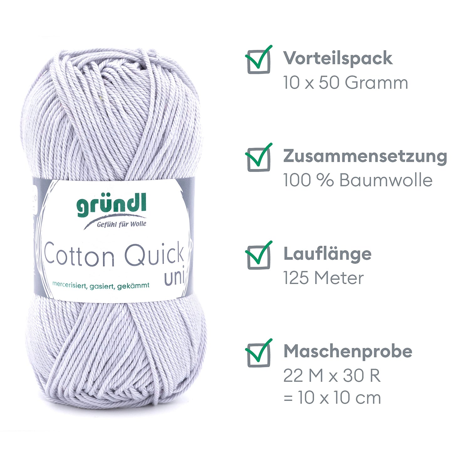 Gründl Wolle Cotton Quick uni - thin wool for crocheting - knitting yarn - crochet yarn - shiny and skin-friendly - 100% cotton - 10 balls 50 g / 125 m - needle size 3-4 - light gray - 865-129
