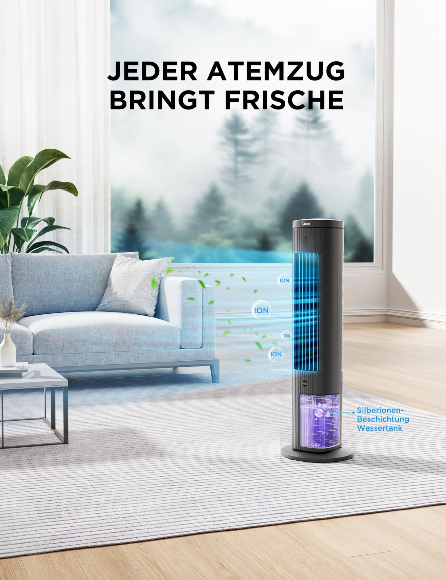 Midea tower fan with 5L water cooling | Air cooler mobile | Mobile air conditioning without exhaust hose | Evaporative cooler, 3 speed levels, 75° swivel function, 7h timer, quieter - MAC25JRB_1
