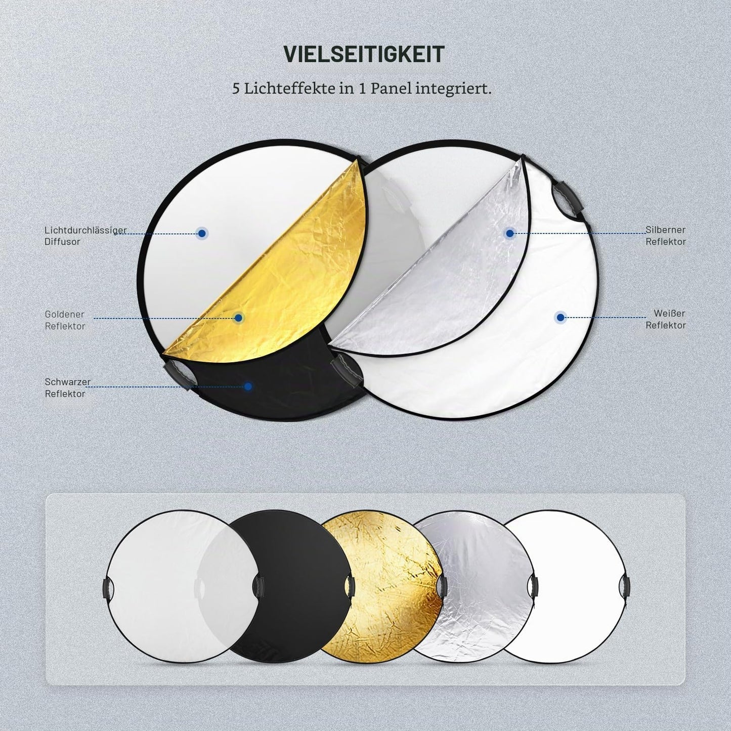 Neewer 130cm Light Reflector with Handle and 3/8" Thread, 5 in 1 Foldable Disc Light Diffuser, Translucent/Silver/Gold/White/Black for Photography Lighting, Outdoor Lighting, RF-130II