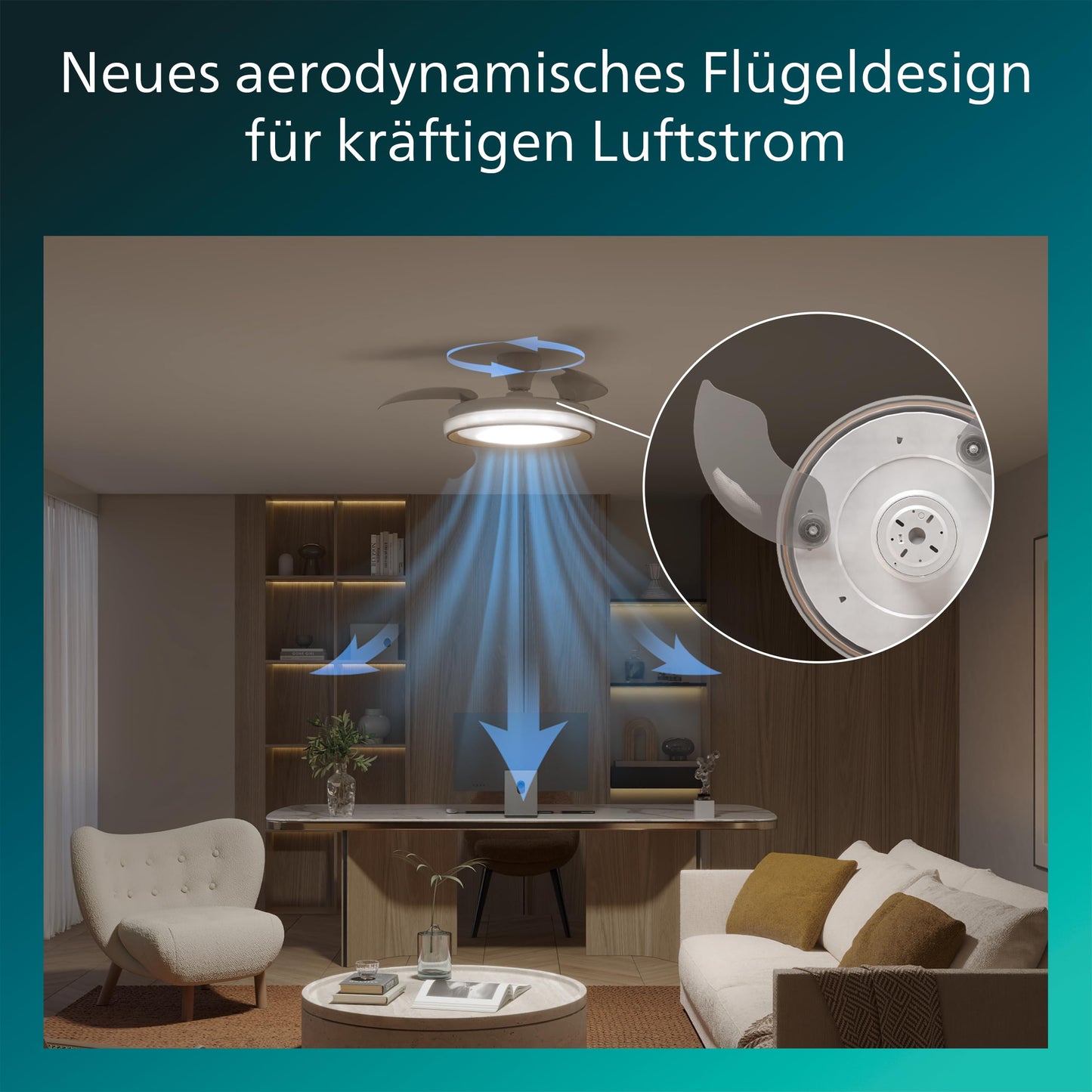 Philips Bliss ceiling fan with LED light and retractable blades, 3 blades, 106 cm wingspan, 4,500 lumens, adjustable light (3,000 K to 6,500 K), dimmable up to 5%, incl. remote control, gold - 929004749801