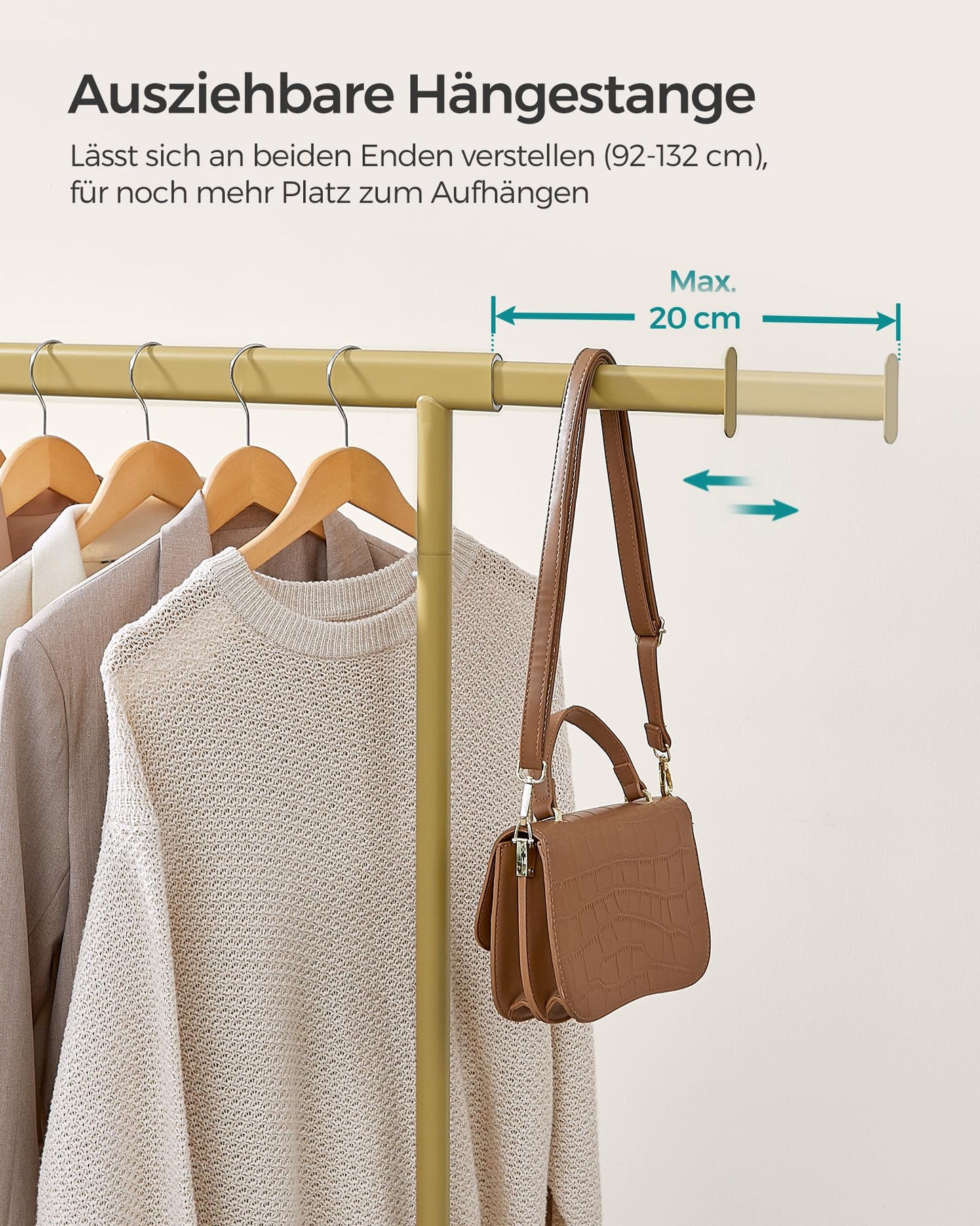 SONGMICS Clothes Rack on Wheels, Heavy Duty Coat Rack, Extendable Clothes Rail, Holds up to 100kg, Easy Assembly, Portable, Pale Gold HSR013A01 - PCT611W01