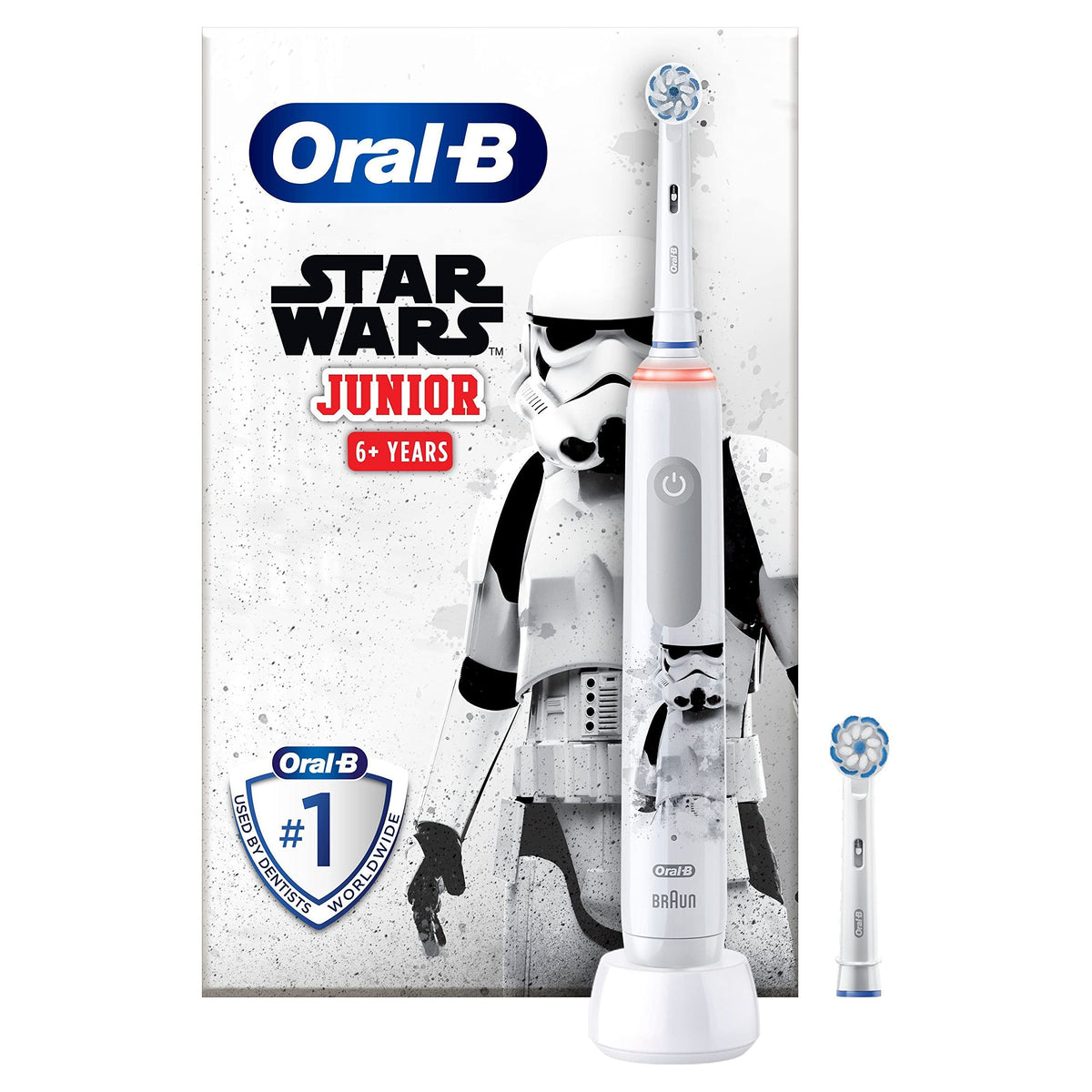 Oral-B Junior Star Wars Periuță electrică pentru copii de la 6 ani, 2 capete de periuță, control al presiunii 360°, 2 moduri de curățare inclusiv îngrijire sensibilă, peri moi, cronometru, alb - 8006540760437