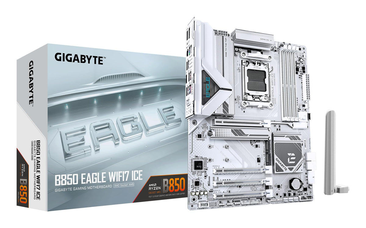 GIGABYTE B850 Eagle WIFI7 Ice Mainboard – Procesor AMD Ryzen 9000 Serie, VRM digital 8+2+2 faze, până la 8200 MHz DDR5 (O.C.), 1x PCIe 5.0 + 2x PCIe 4.0 M.2, Wi-Fi 7, LAN 2.5 GbE, USB 3.2 Gen 2