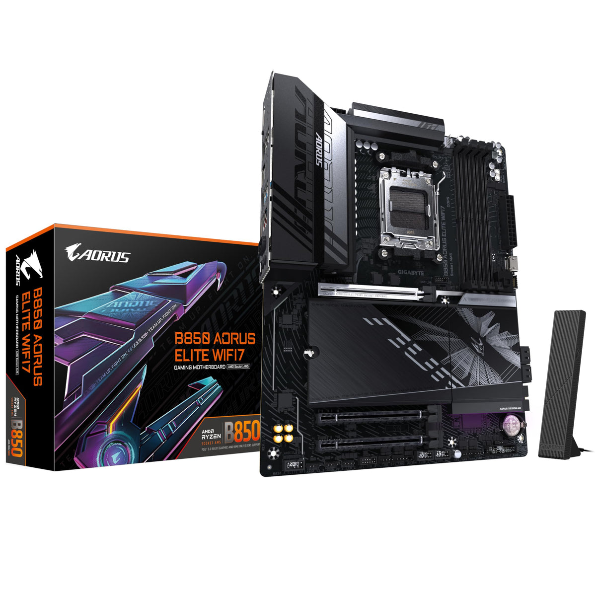 Placă de bază GIGABYTE B850 AORUS Elite WIFI7 - compatibilă cu procesoarele AMD Ryzen 9000 Serie, VRM digital cu 14+2+2 faze, suport pentru memorie DDR5 de până la 8200MHz (OC), 1xPCIe 5.0 + 2xPCIe 4.0 M.2, LAN de 2,5, WiFi 7, USB 3.2 Gen 2x2