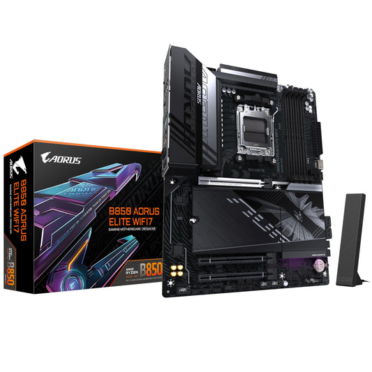Placă de bază GIGABYTE B850 AORUS Elite WIFI7 - compatibilă cu procesoarele AMD Ryzen 9000 Serie, VRM digital cu 14+2+2 faze, suport pentru memorie DDR5 de până la 8200MHz (OC), 1xPCIe 5.0 + 2xPCIe 4.0 M.2, LAN de 2,5, WiFi 7, USB 3.2 Gen 2x2
