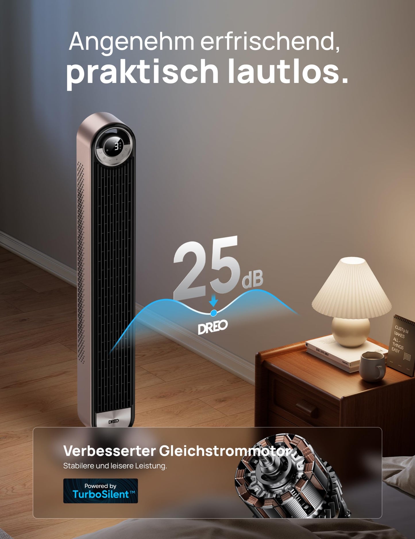 DREO 25dB Smart Quiet Tower Fan with Cooling, 106cm WiFi Alexa Tower Fan, 90° Oscillating Fan, Remote Control 9 Speed 4 Modes 12 Hour Timer Voice Control, Starlight - DR-HTF009S