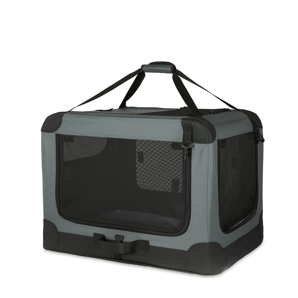 Amazon Basics 4-Door Foldable Travel Crate for Cats, Dogs and Other Small Animals, Gray, S 66 cm x 46 cm x 46 cm - 12002N-26-APL