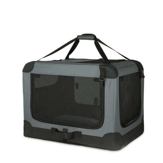 Amazon Basics 4-Door Foldable Travel Crate for Cats, Dogs and Other Small Animals, Gray, S 66 cm x 46 cm x 46 cm - 12002N-26-APL