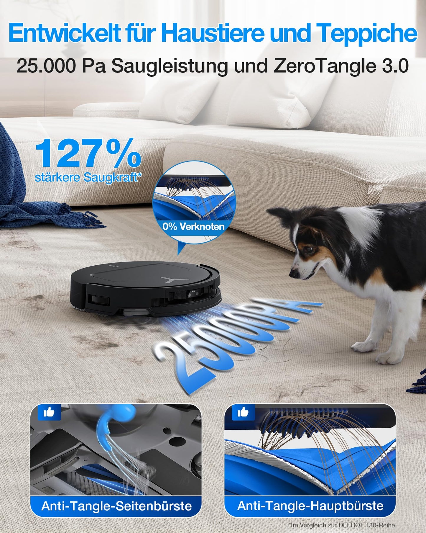 ECOVACS DEEBOT T50 Omni Gen3 robot vacuum cleaner with mopping function, 25,000 Pa, ZeroTangle 3.0, AIVI 3D 2.0, all-in-one omni station, cleaning the mop at 75 °C, ultra-flat 81 mm, matt black