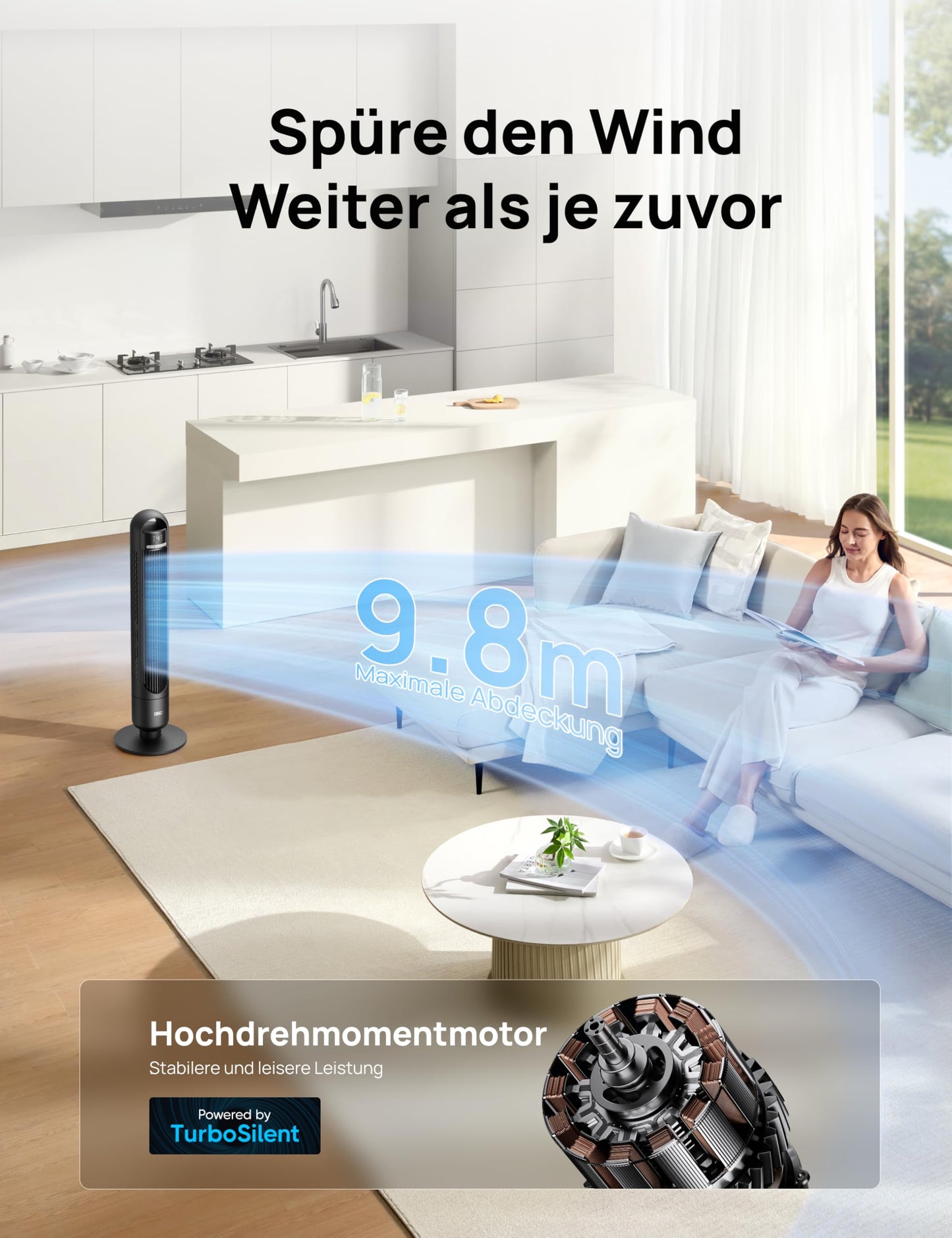 DREO Smart tower fan for the bedroom, quiet pedestal fan with 28 dB, air range up to 8.8 m, 4 levels & 3 modes, 8 hour timer, app, Alexa & Google, 90° oscillation, for home/office - DR-HTF017S